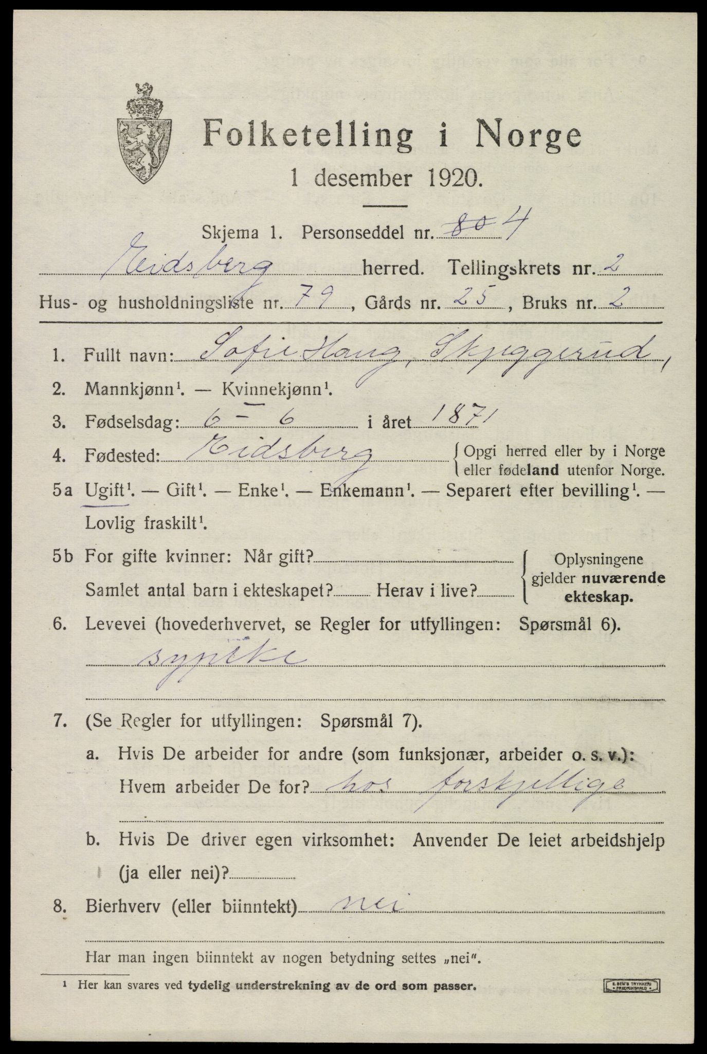 SAO, 1920 census for Eidsberg, 1920, p. 3977