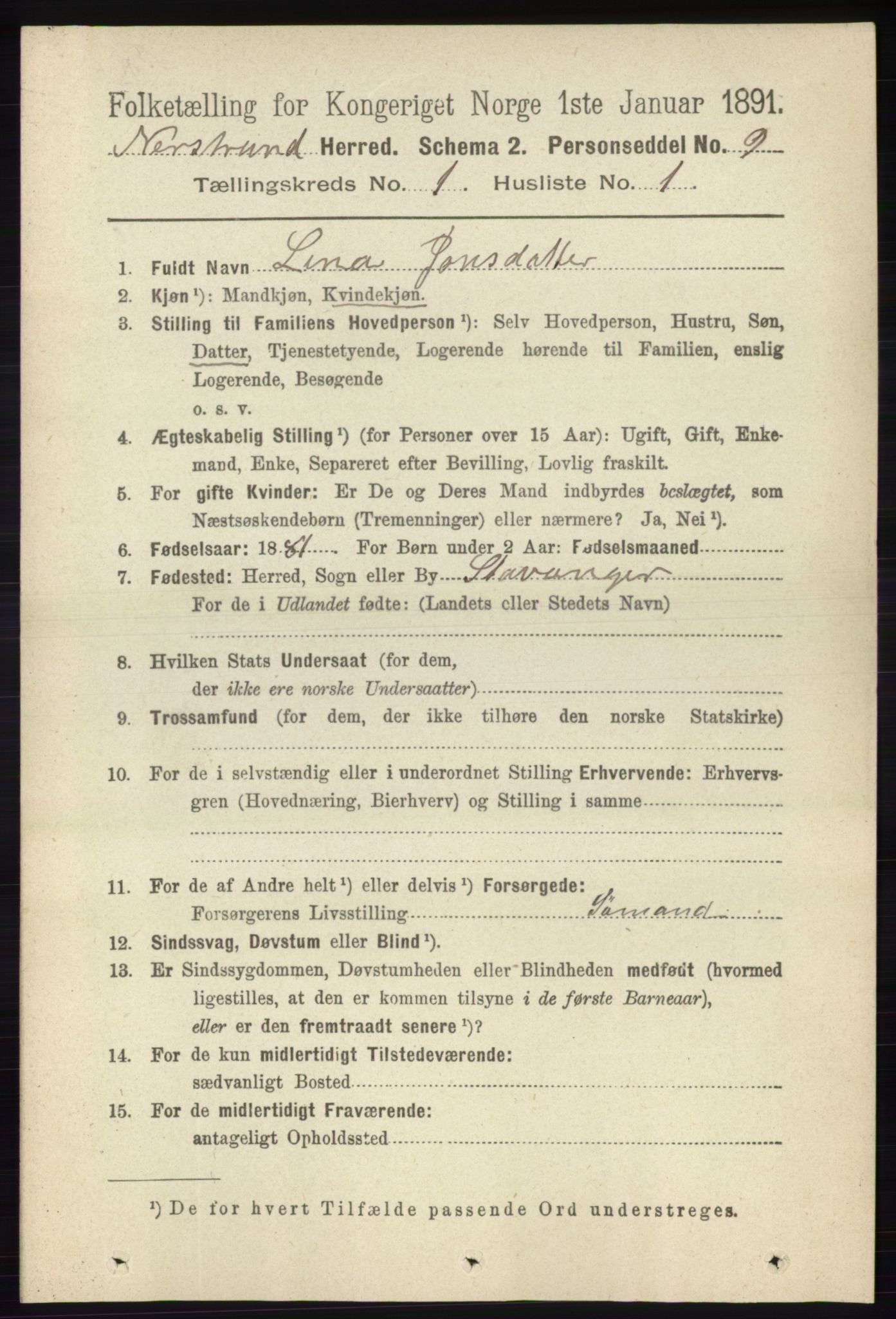 RA, 1891 census for 1139 Nedstrand, 1891, p. 60