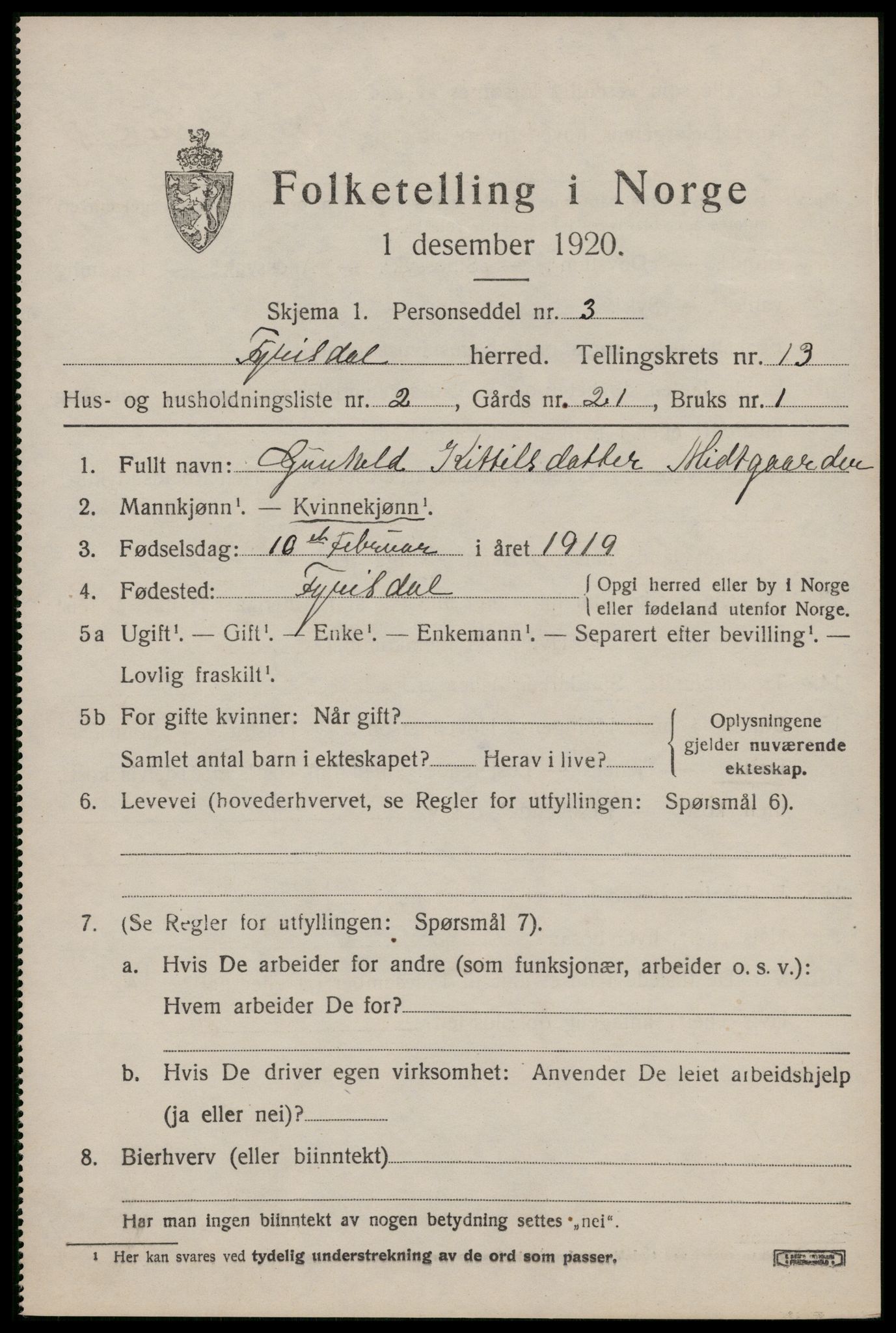 SAKO, 1920 census for Fyresdal, 1920, p. 4277