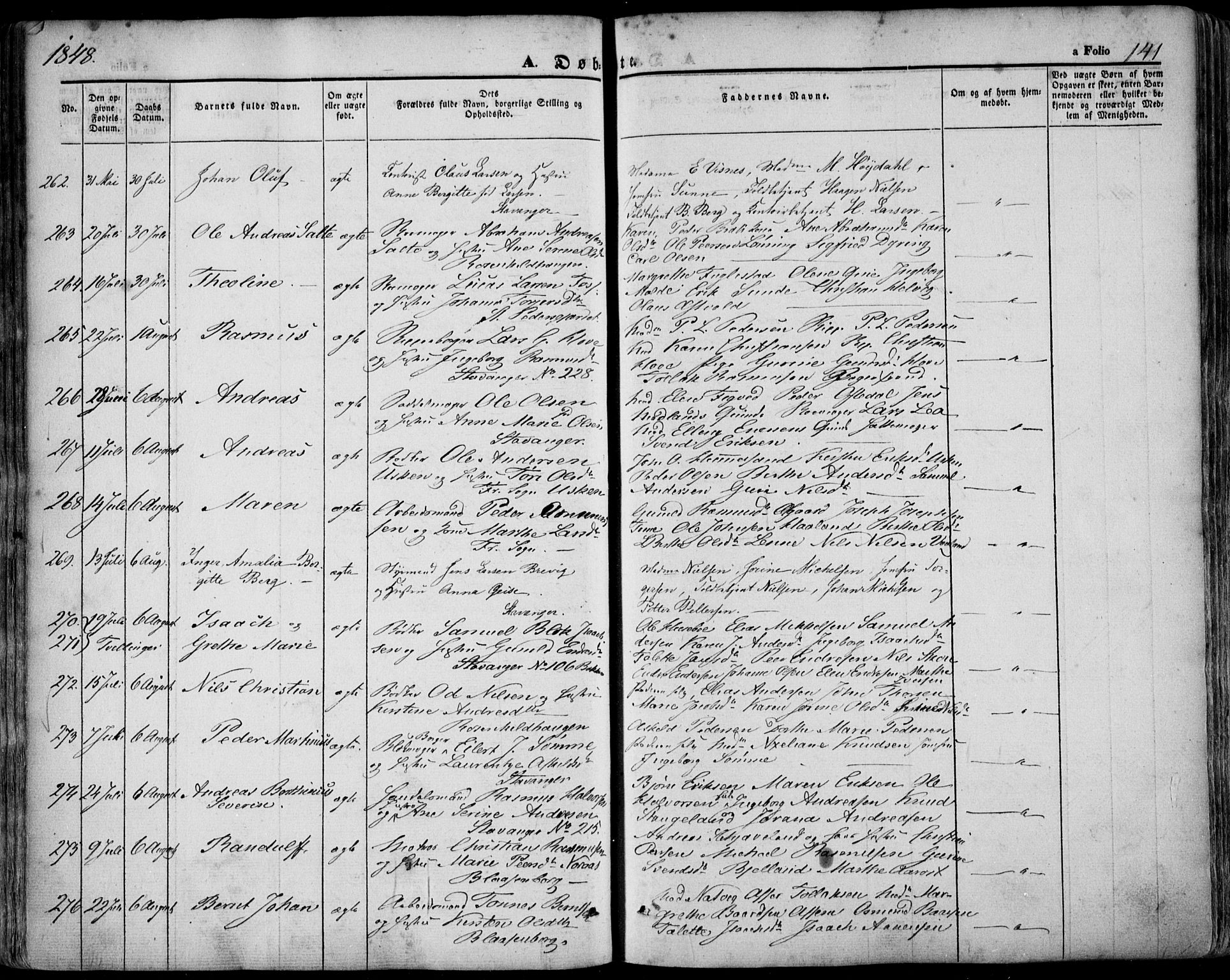 Domkirken sokneprestkontor, AV/SAST-A-101812/001/30/30BA/L0016: Parish register (official) no. A 15, 1844-1854, p. 141