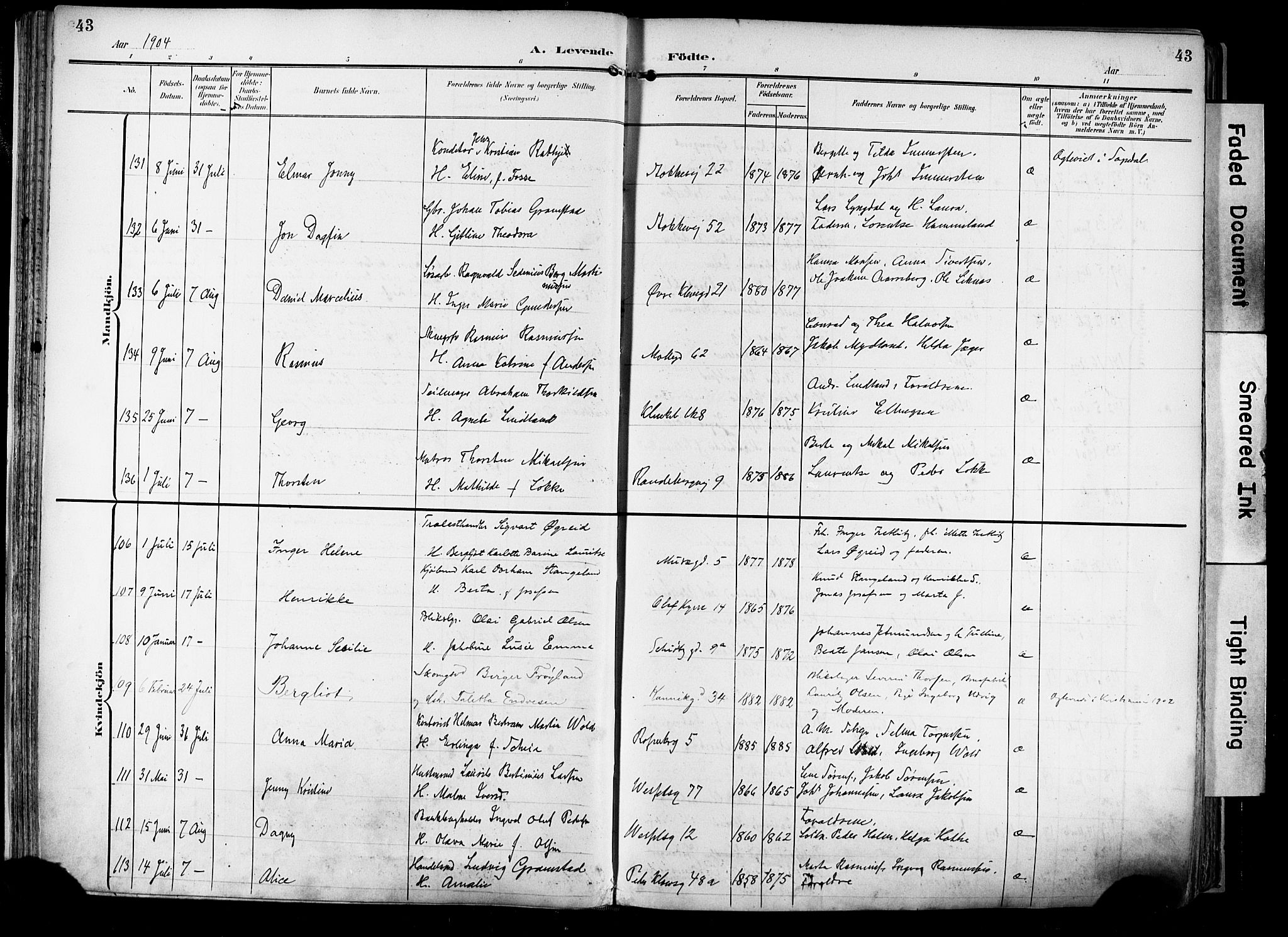 Domkirken sokneprestkontor, SAST/A-101812/001/30/30BA/L0033: Parish register (official) no. A 32, 1903-1915, p. 43