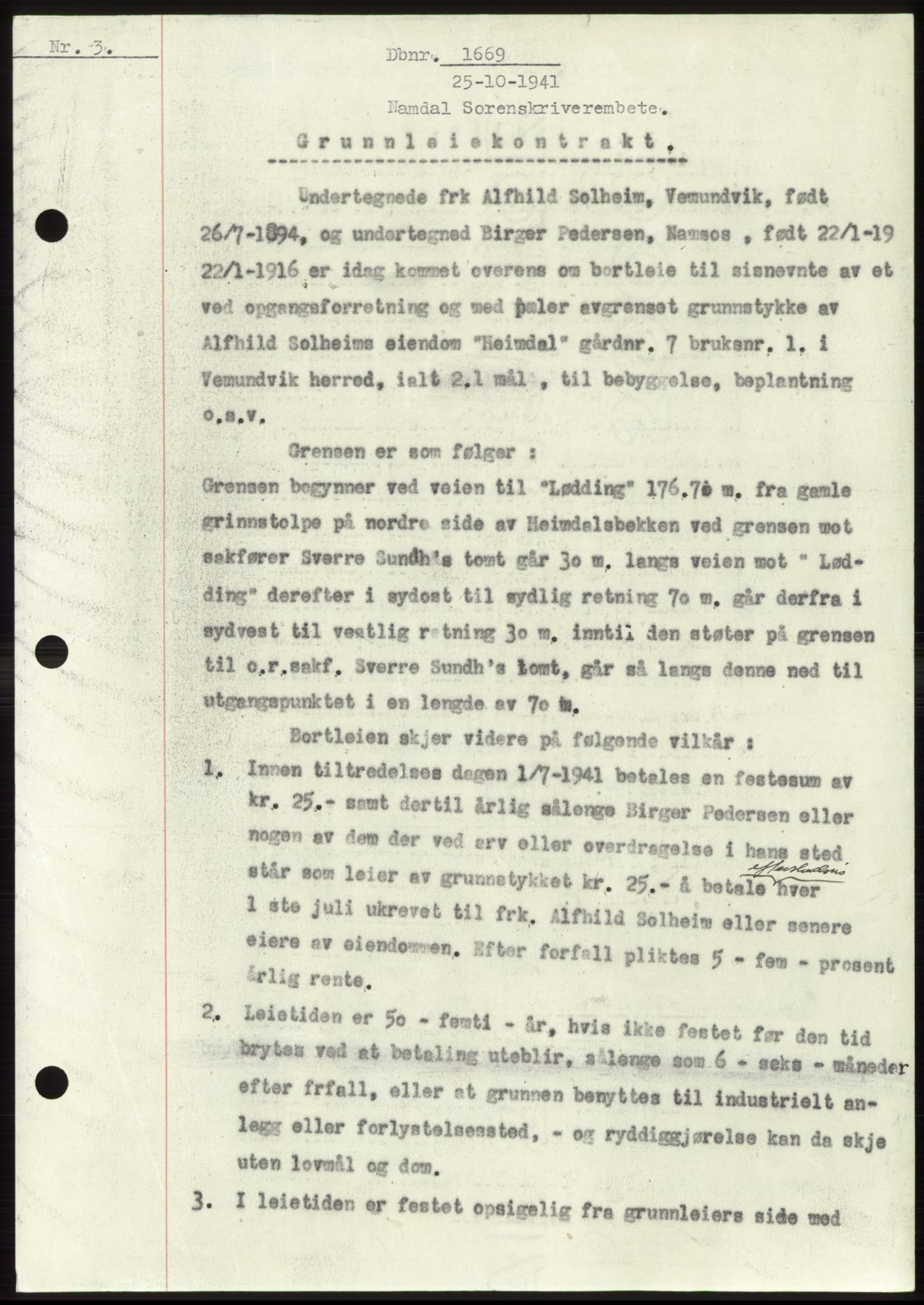 Namdal sorenskriveri, AV/SAT-A-4133/1/2/2C: Mortgage book no. -, 1941-1942, Diary no: : 1669/1941