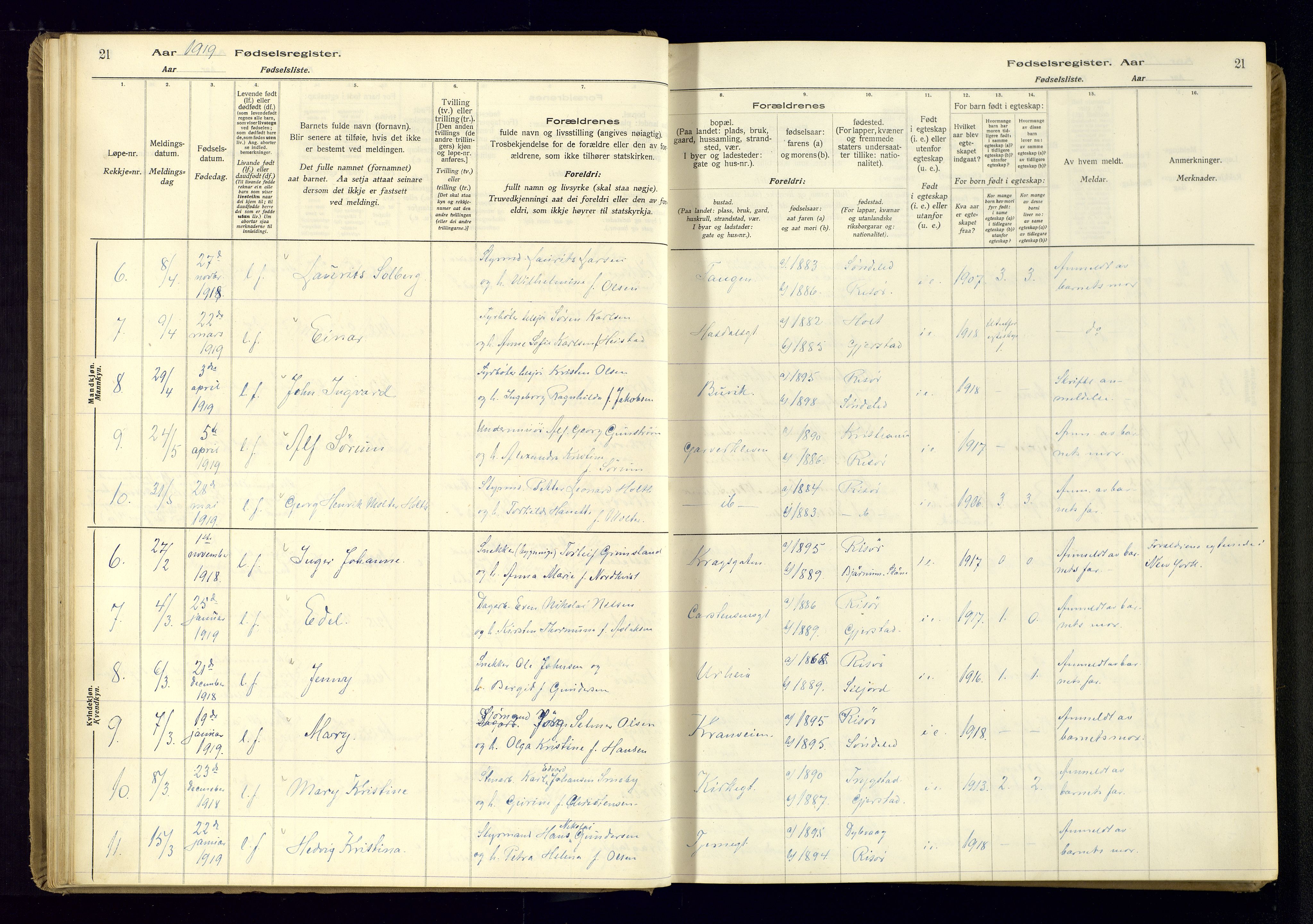 Risør sokneprestkontor, SAK/1111-0035/J/Ja/L0001: Birth register no. A-VI-13, 1916-1947, p. 21