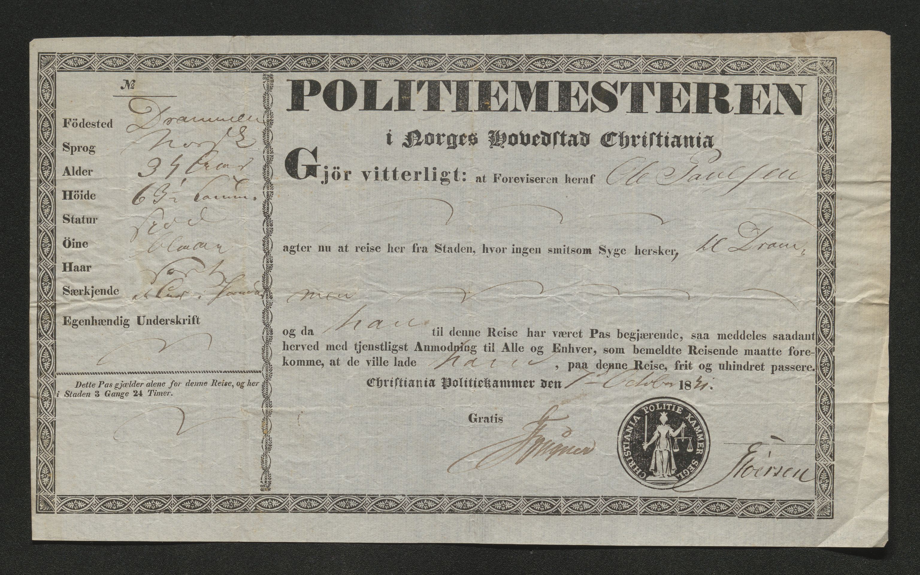 Drammen politikammer, AV/SAKO-A-623/I/Ia/Iab/L0006: Innleverte pass, 1841-1842, p. 281