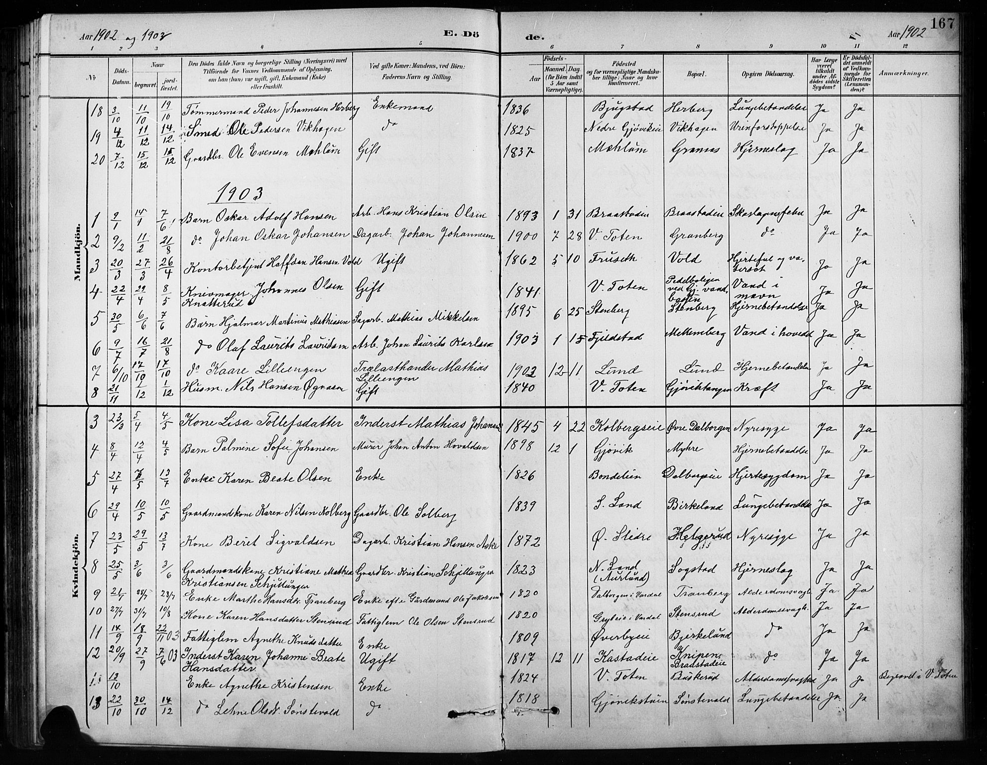 Vardal prestekontor, SAH/PREST-100/H/Ha/Hab/L0010: Parish register (copy) no. 10, 1895-1903, p. 167