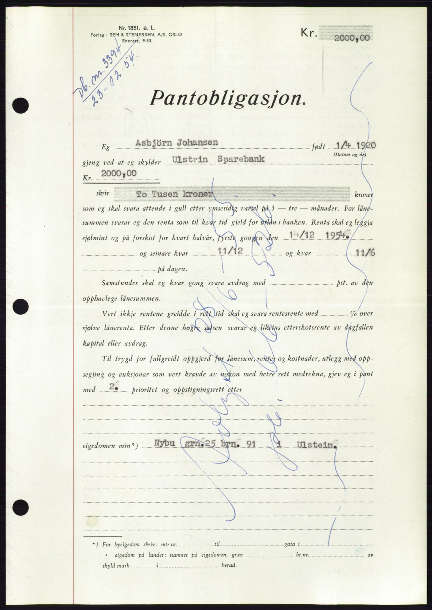 Søre Sunnmøre sorenskriveri, AV/SAT-A-4122/1/2/2C/L0126: Mortgage book no. 14B, 1954-1955, Diary no: : 3394/1954