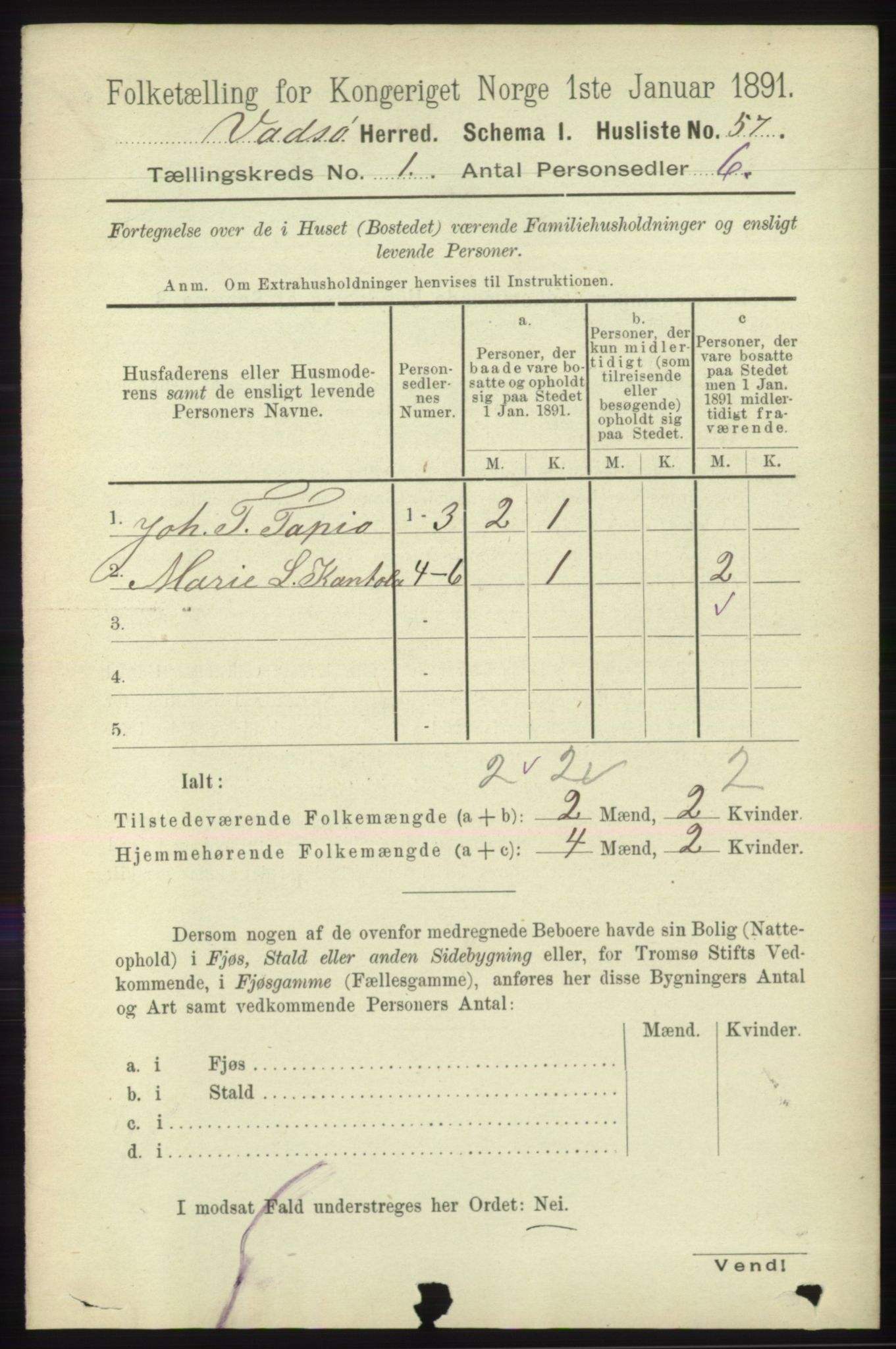 RA, 1891 census for 2029 Vadsø, 1891, p. 70