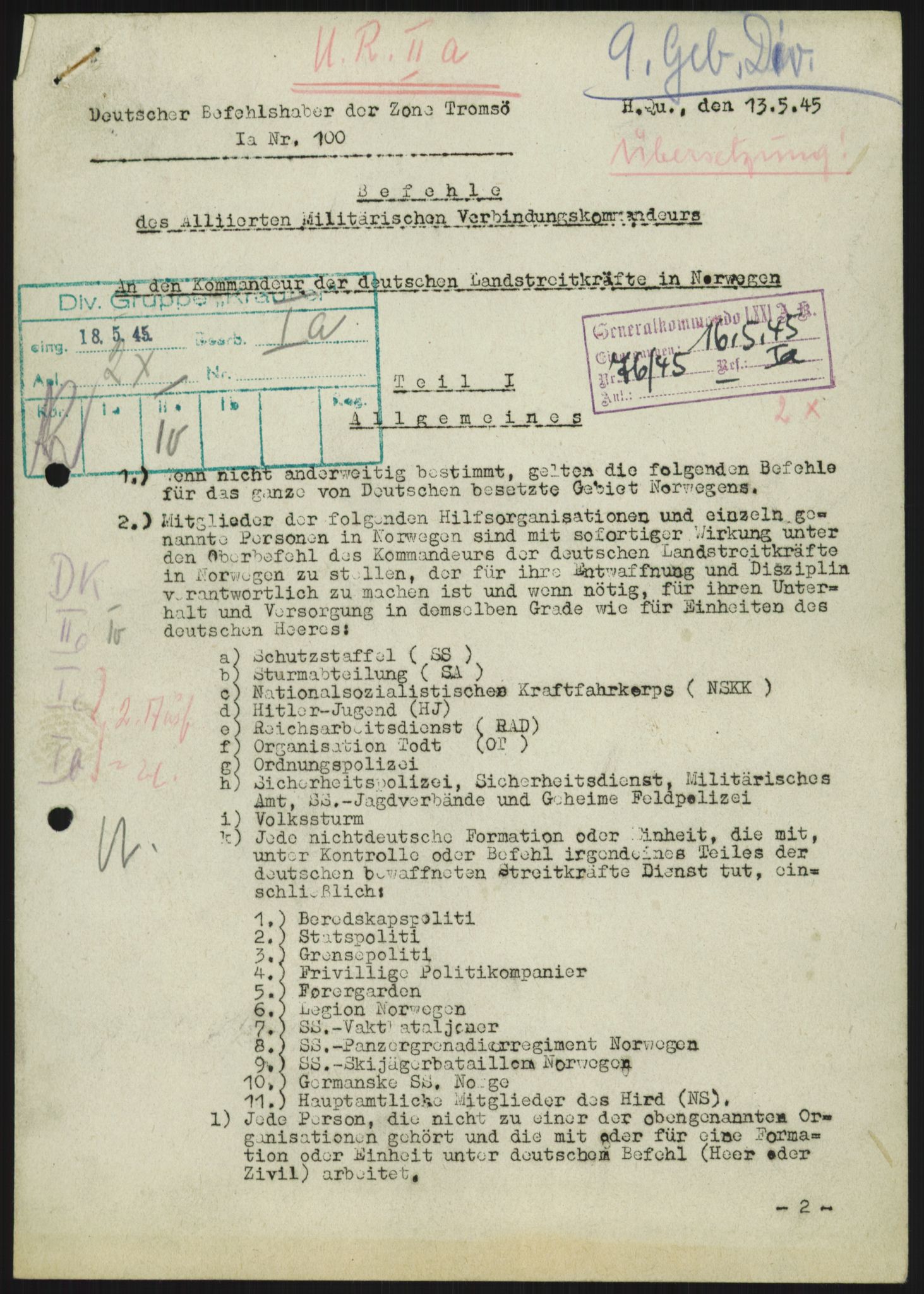 Deutscher Oberbefehlshaber Norwegen (DOBN), AV/RA-RAFA-2197/D/Do/L0253/0001: TAB Gratangen/Bardufoss / Ordre fra den allierte militære forbindelseskommandør 13.5.45. Retningslinjer for leirledelse 2.8. m.m., 1945