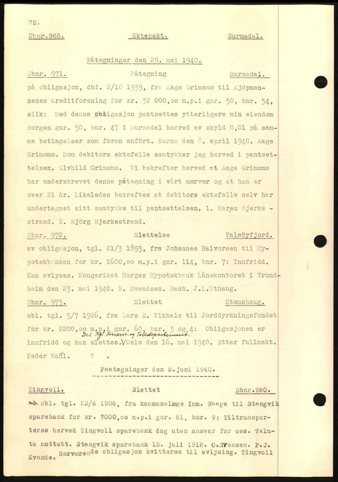 Nordmøre sorenskriveri, AV/SAT-A-4132/1/2/2Ca: Mortgage book no. C81, 1940-1945, Diary no: : 965/1940