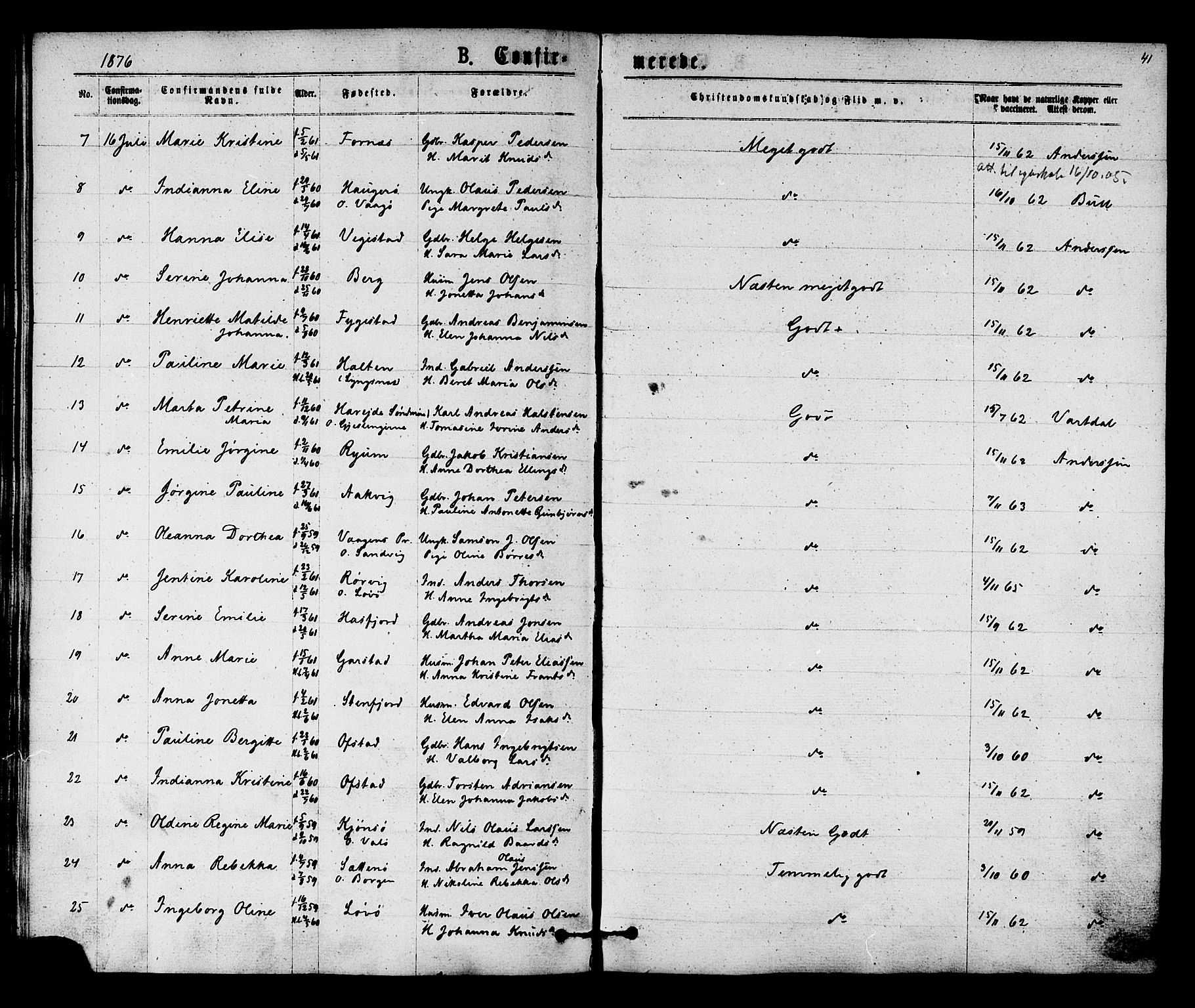 Ministerialprotokoller, klokkerbøker og fødselsregistre - Nord-Trøndelag, AV/SAT-A-1458/784/L0671: Parish register (official) no. 784A06, 1876-1879, p. 41