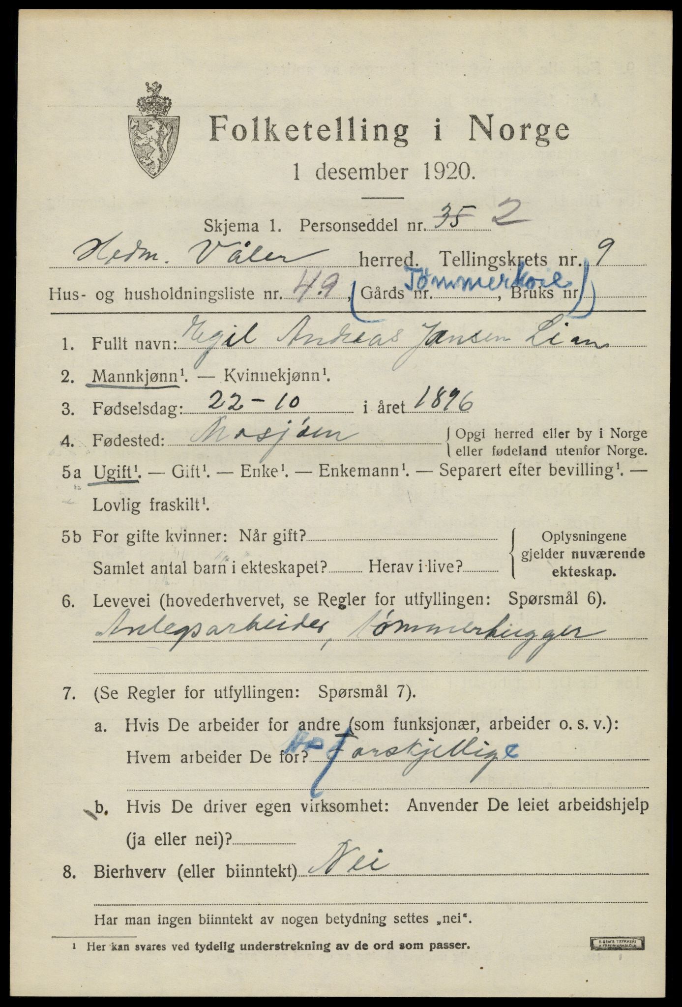 SAH, 1920 census for Våler (Hedmark), 1920, p. 9795