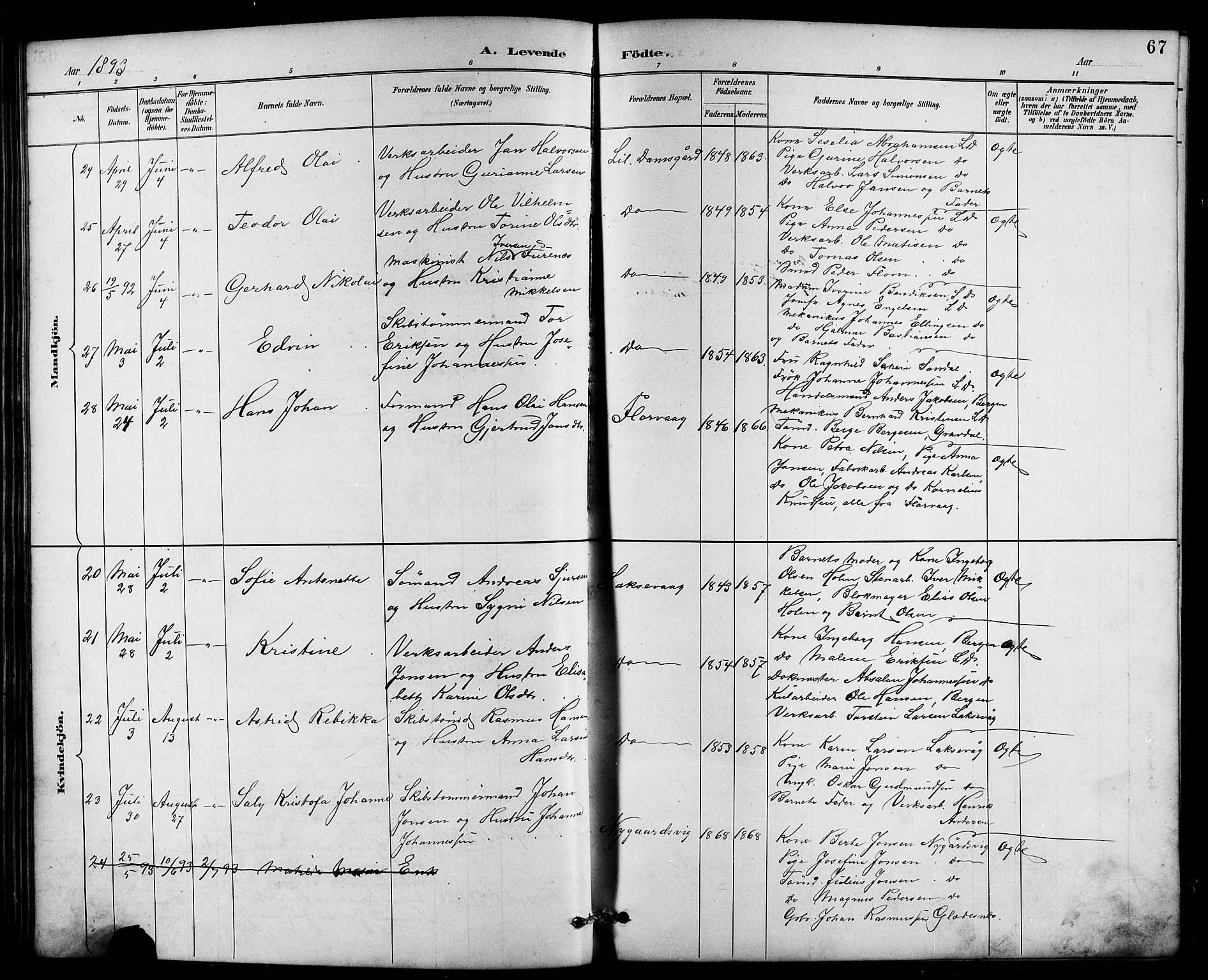 Laksevåg Sokneprestembete, SAB/A-76501/H/Ha/Hab/Haba/L0003: Parish register (copy) no. A 3, 1887-1899, p. 67