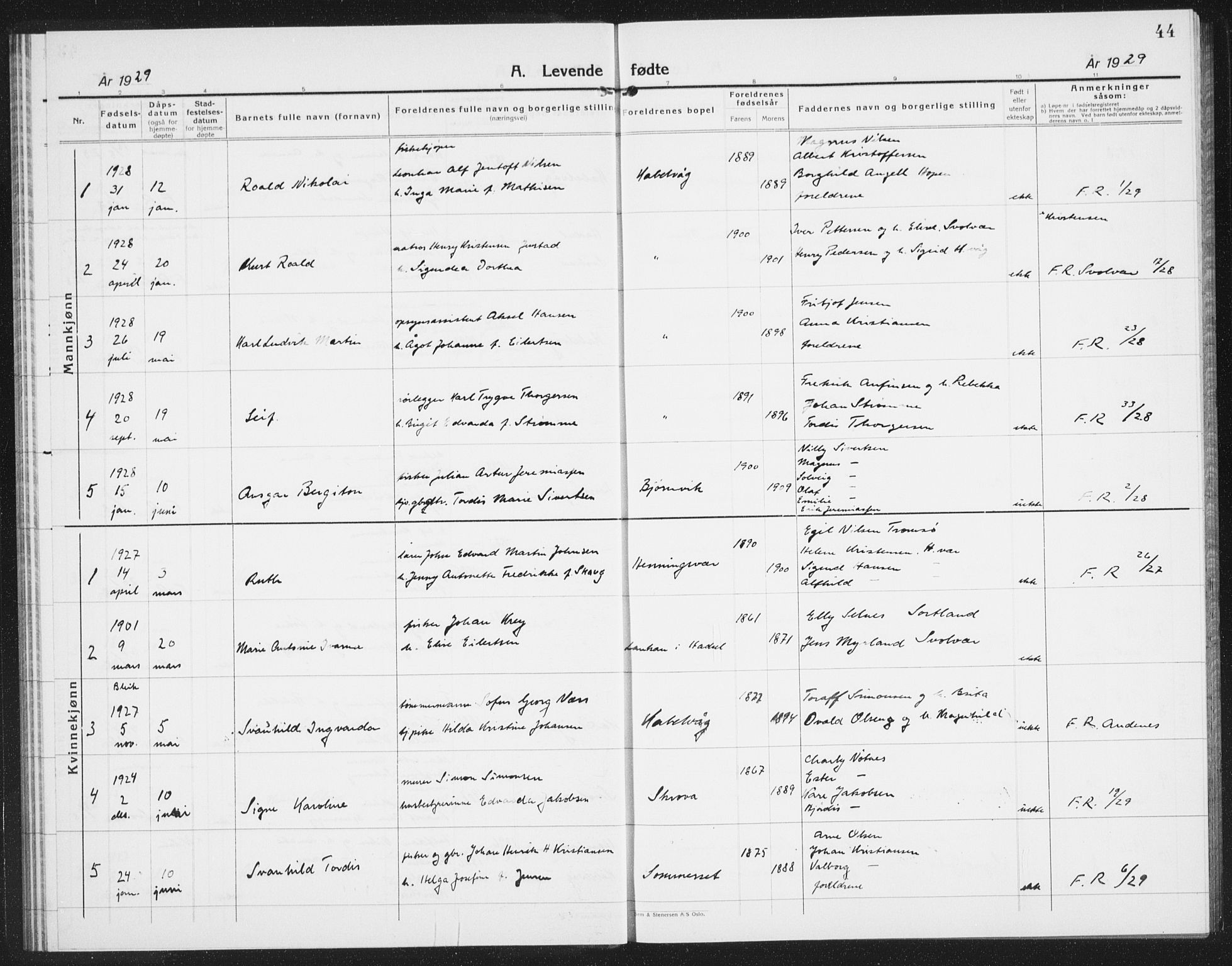 Ministerialprotokoller, klokkerbøker og fødselsregistre - Nordland, AV/SAT-A-1459/874/L1081: Parish register (copy) no. 874C10, 1925-1941, p. 44