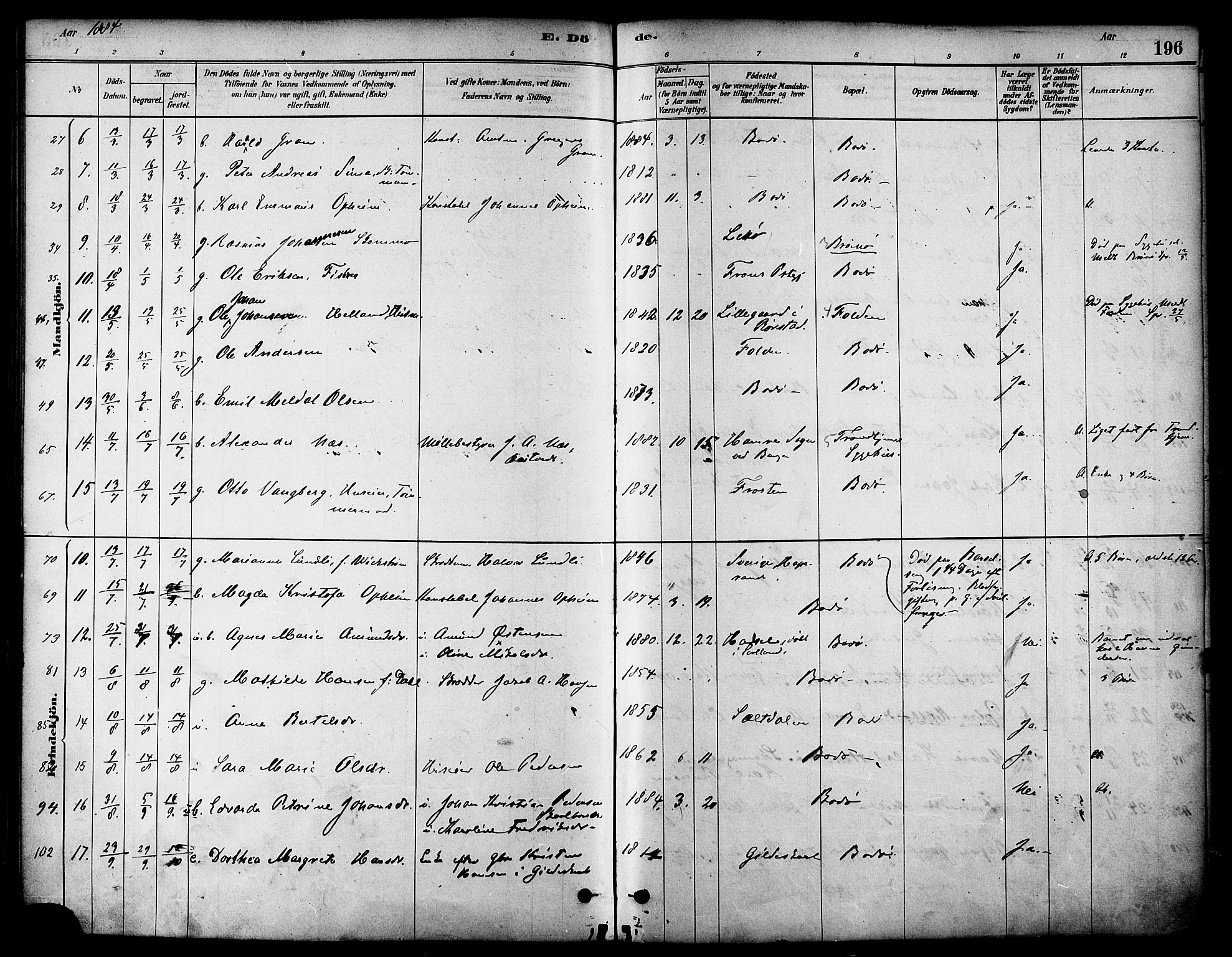 Ministerialprotokoller, klokkerbøker og fødselsregistre - Nordland, AV/SAT-A-1459/801/L0030: Parish register (copy) no. 801C05, 1879-1887, p. 196