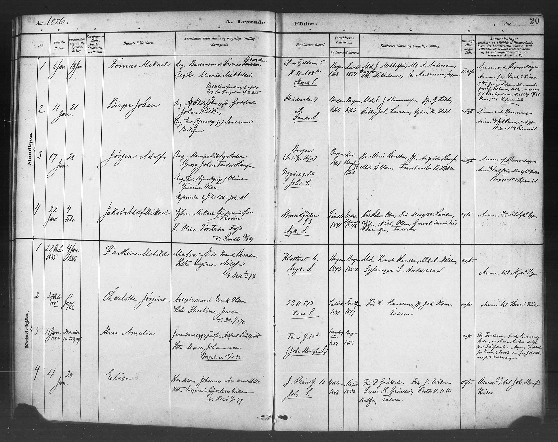 Fødselsstiftelsens sokneprestembete*, SAB/-: Parish register (official) no. A 2, 1884-1900, p. 20