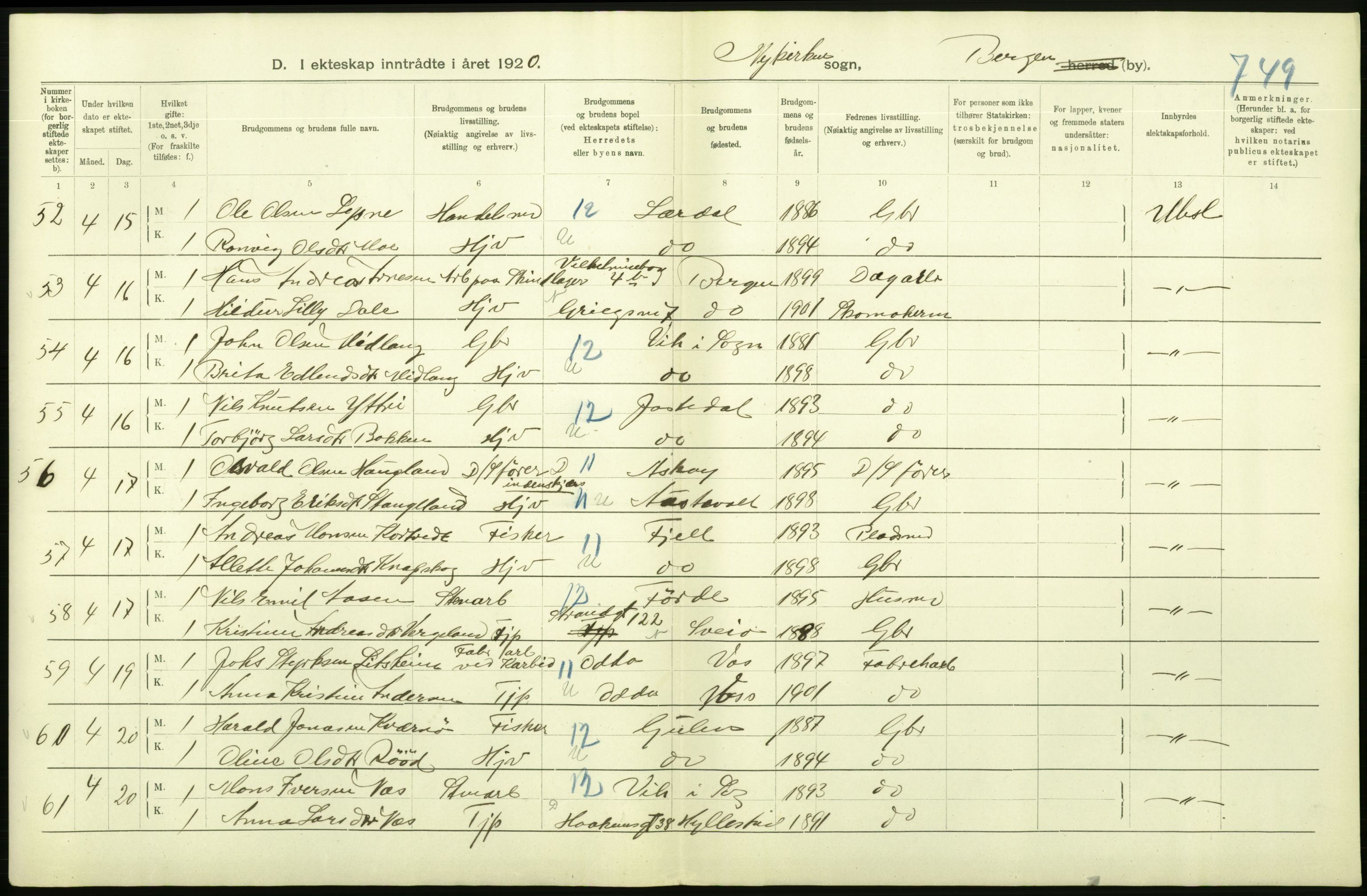 Statistisk sentralbyrå, Sosiodemografiske emner, Befolkning, AV/RA-S-2228/D/Df/Dfb/Dfbj/L0042: Bergen: Gifte, døde, dødfødte., 1920, p. 142