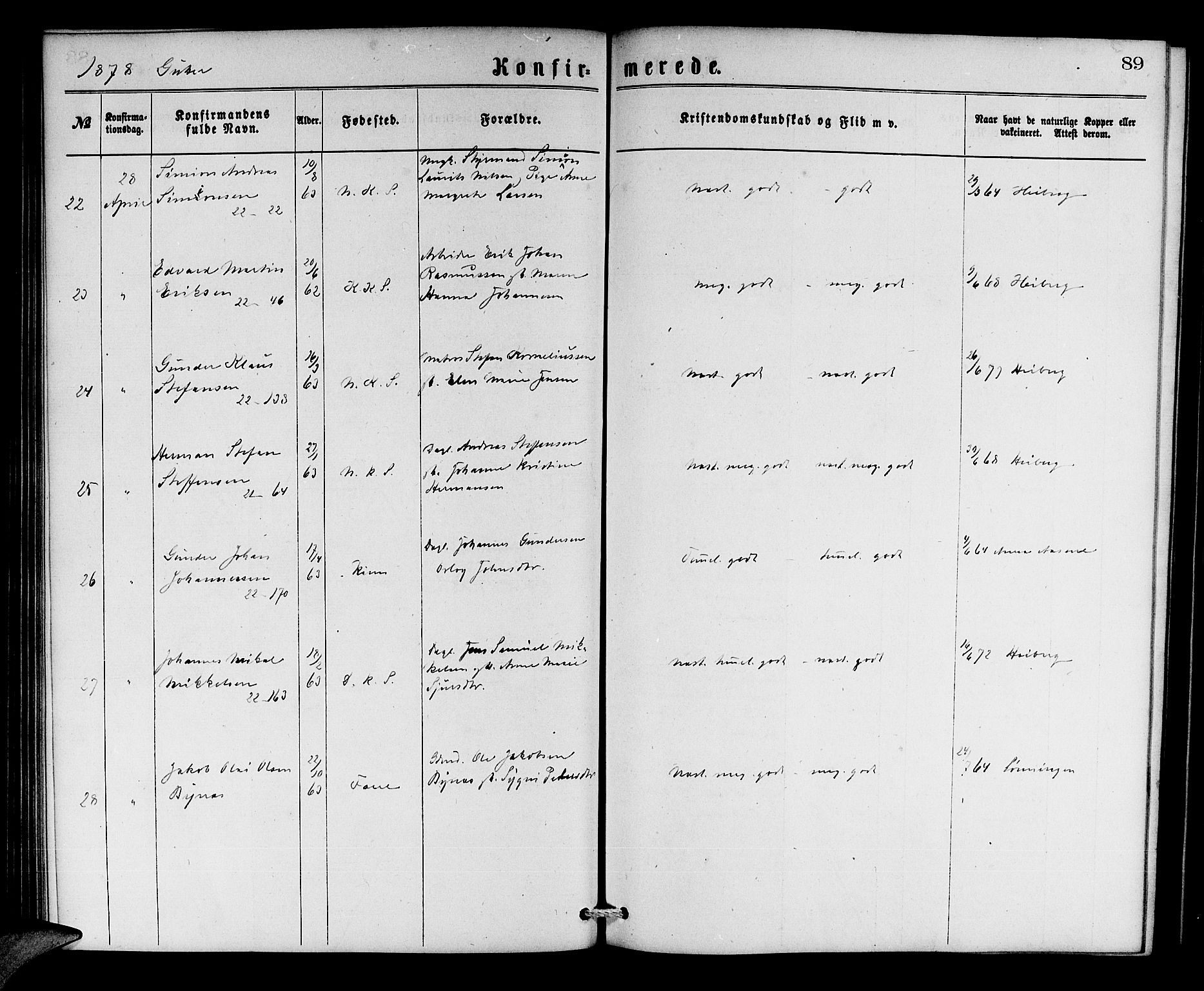 Korskirken sokneprestembete, AV/SAB-A-76101/H/Hab: Parish register (copy) no. C 2, 1869-1879, p. 89