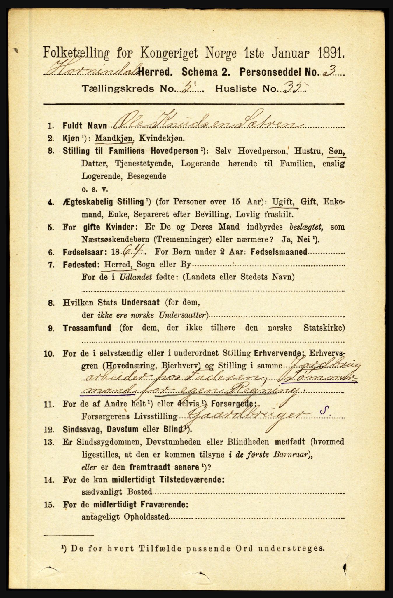 RA, 1891 census for 1444 Hornindal, 1891, p. 1342