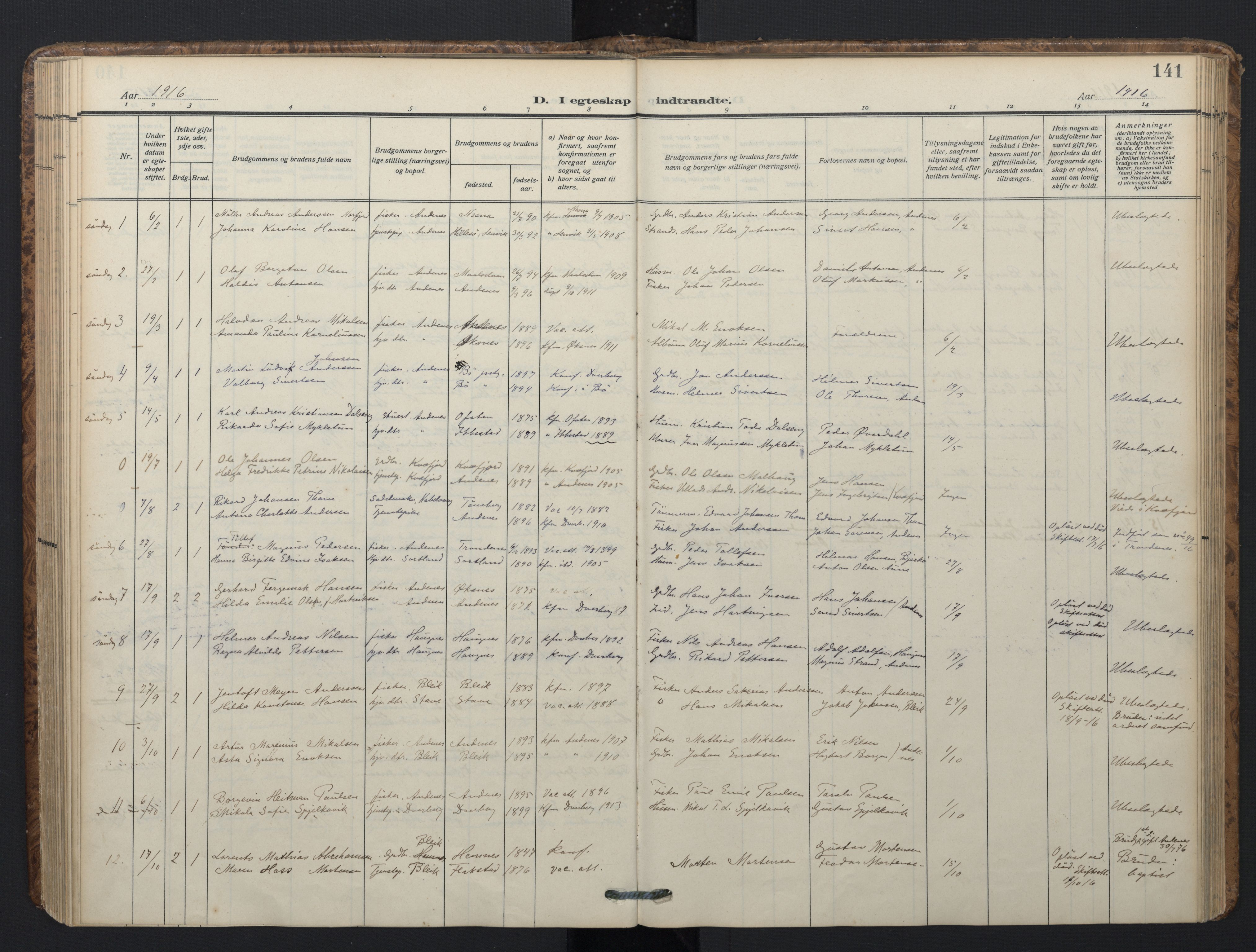 Ministerialprotokoller, klokkerbøker og fødselsregistre - Nordland, SAT/A-1459/899/L1438: Parish register (official) no. 899A06, 1909-1922, p. 141