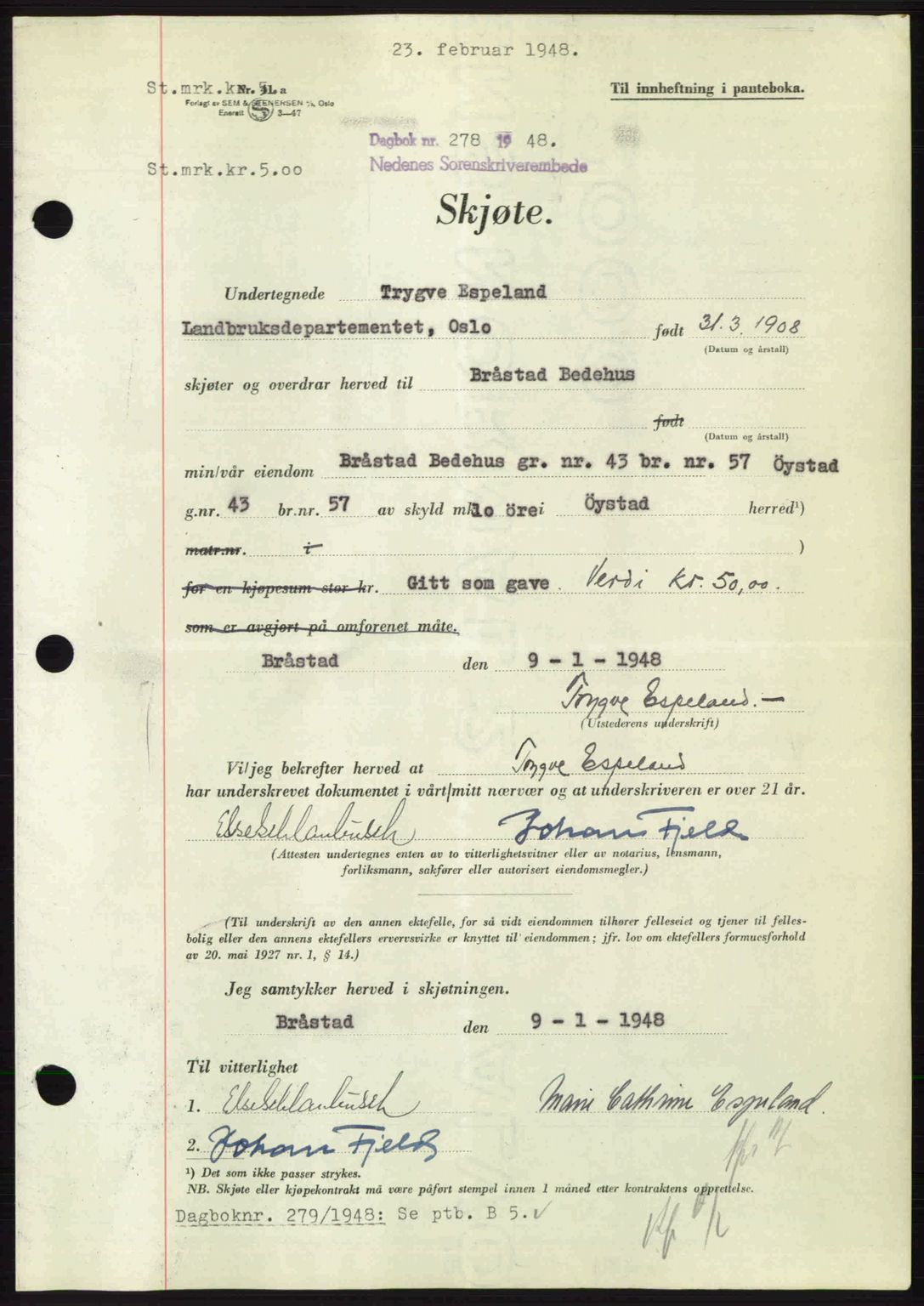 Nedenes sorenskriveri, AV/SAK-1221-0006/G/Gb/Gba/L0058: Mortgage book no. A10, 1947-1948, Diary no: : 278/1948