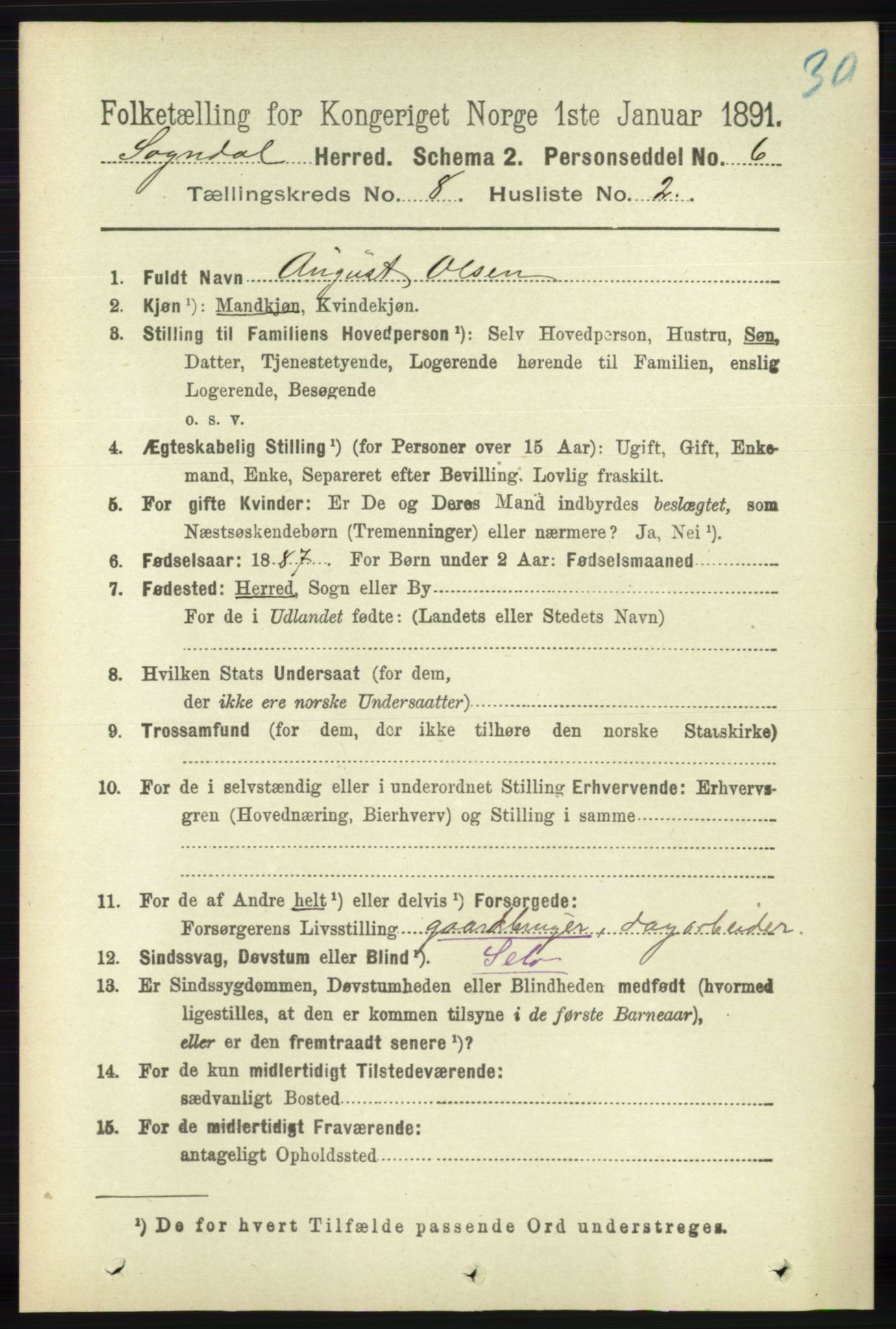 RA, 1891 census for 1111 Sokndal, 1891, p. 2699