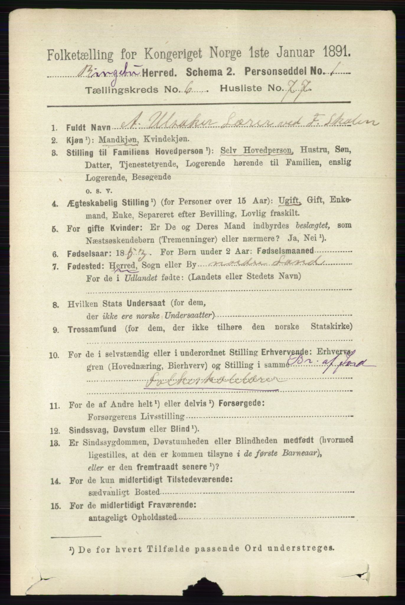 RA, 1891 census for 0520 Ringebu, 1891, p. 2920