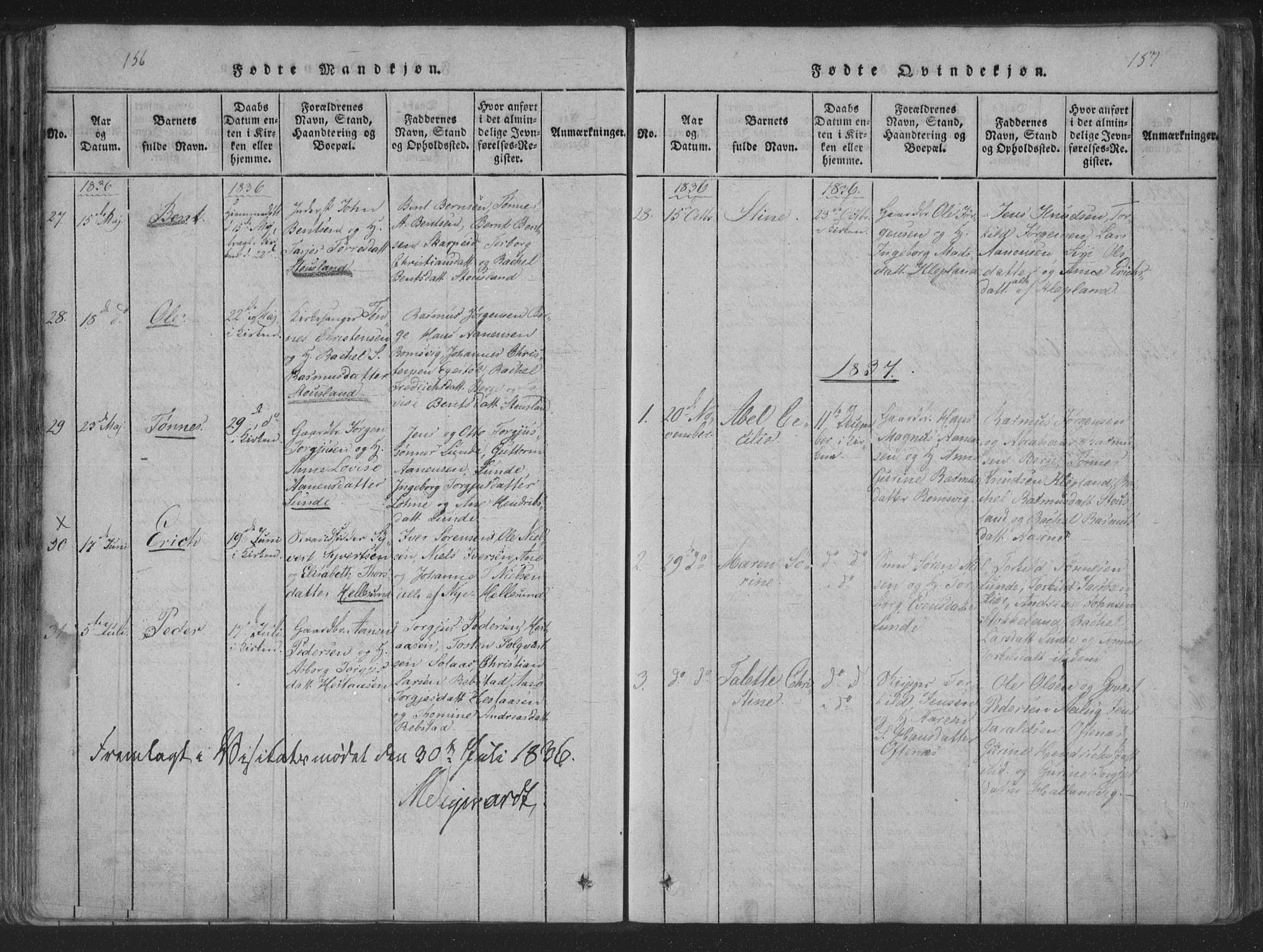 Søgne sokneprestkontor, SAK/1111-0037/F/Fa/Fab/L0008: Parish register (official) no. A 8, 1821-1838, p. 156-157