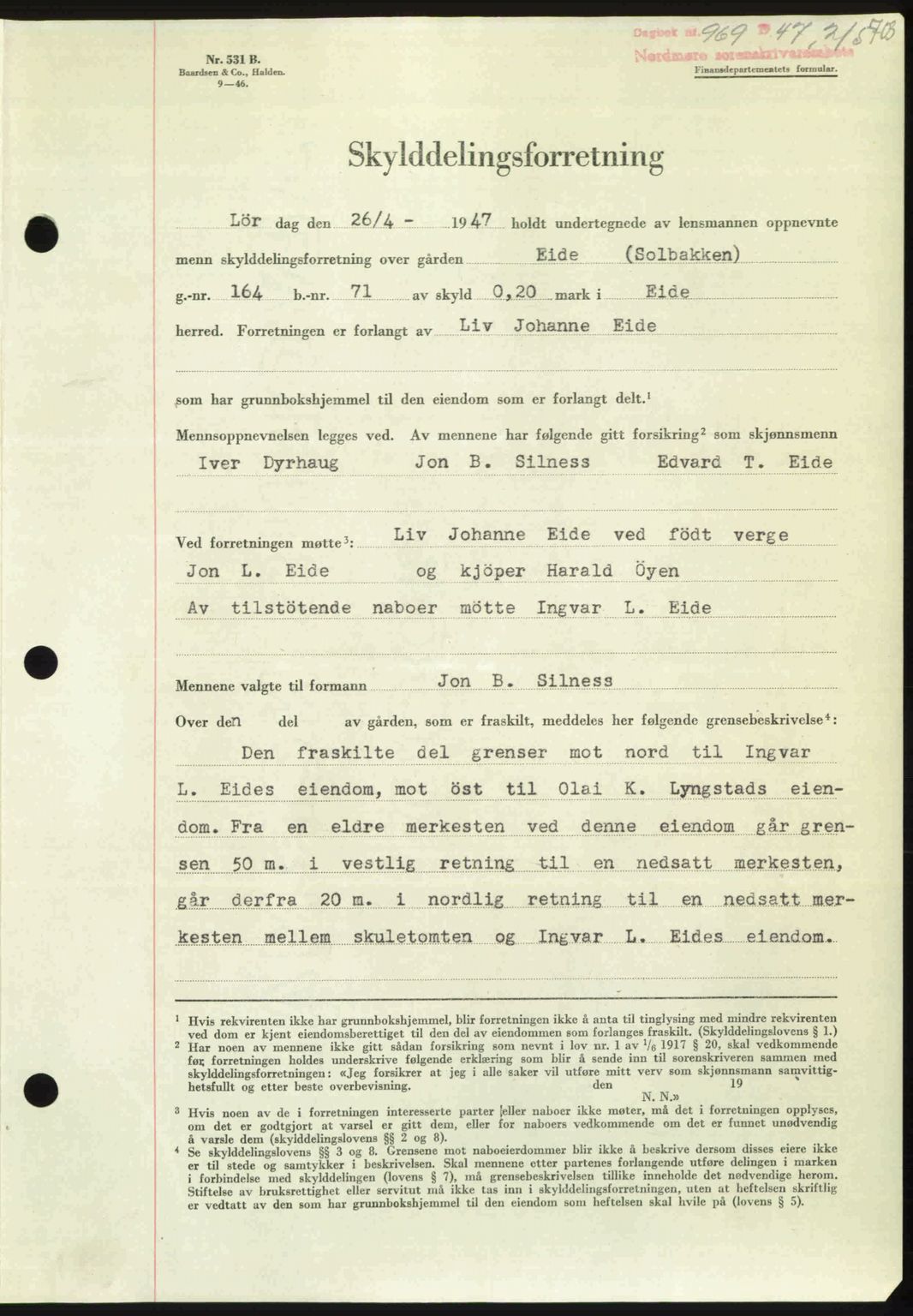 Nordmøre sorenskriveri, AV/SAT-A-4132/1/2/2Ca: Mortgage book no. A104, 1947-1947, Diary no: : 969/1947