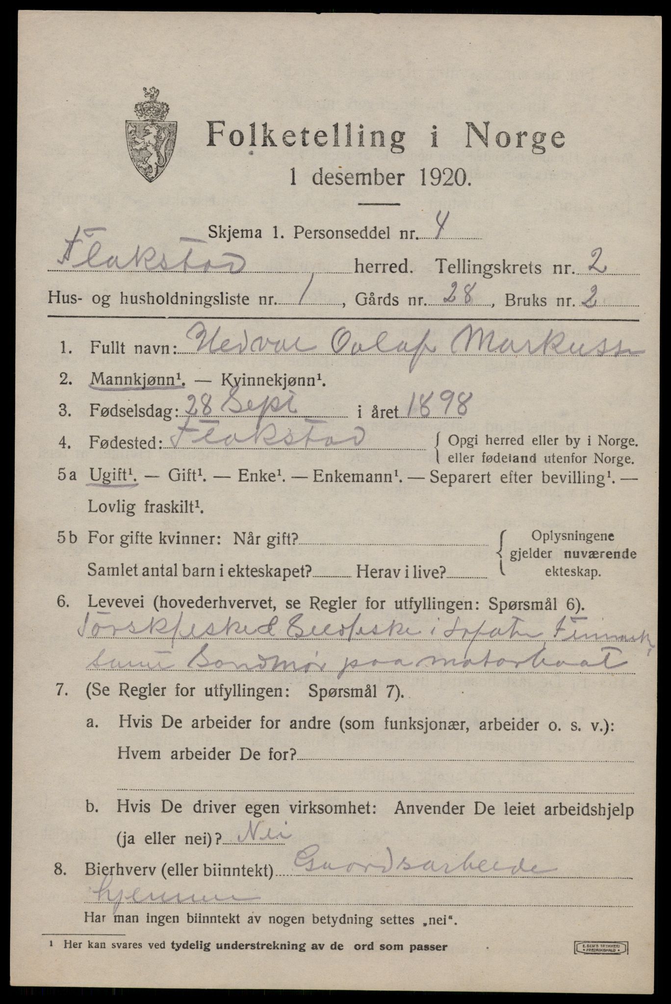 SAT, 1920 census for Flakstad, 1920, p. 1223