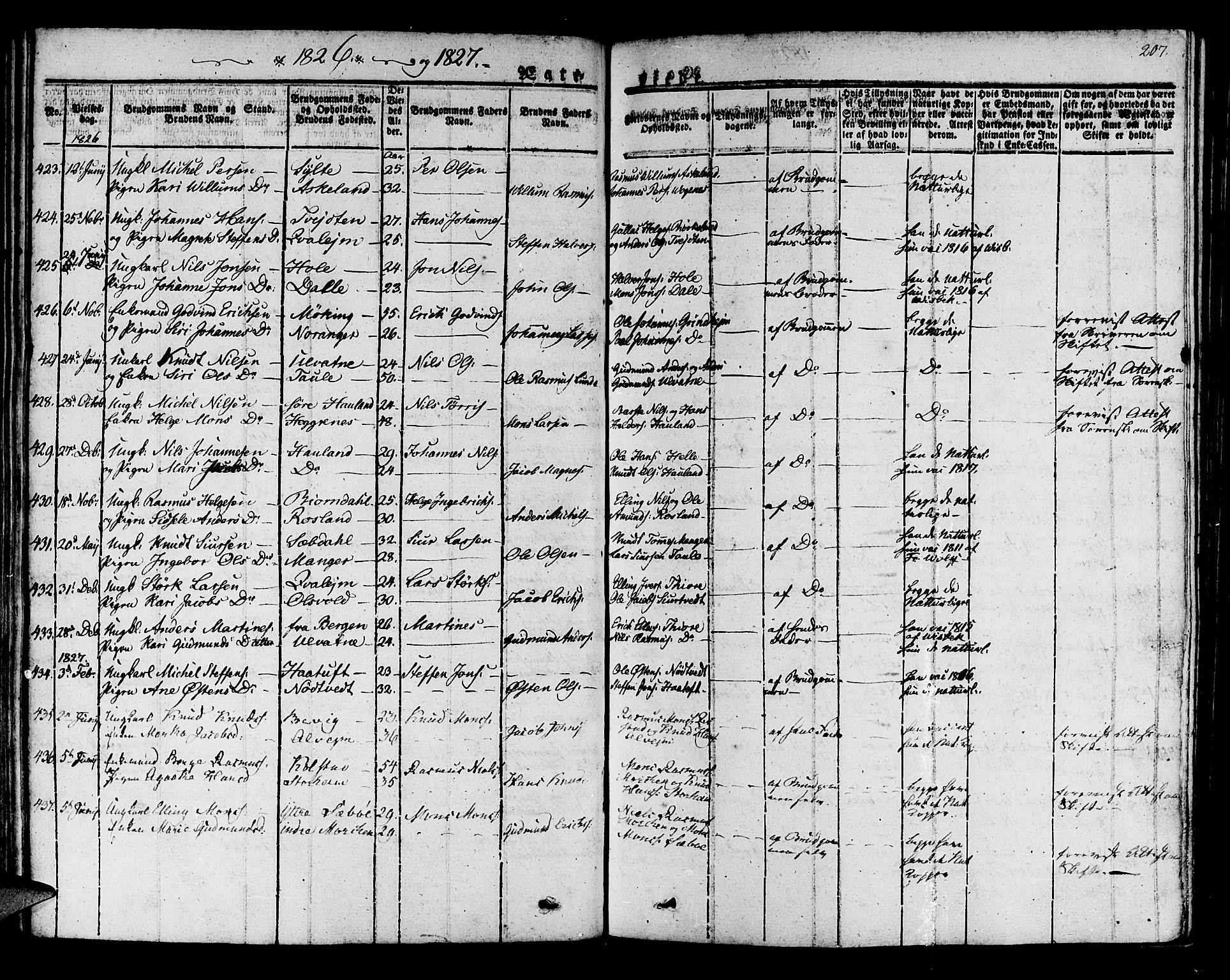 Manger sokneprestembete, SAB/A-76801/H/Haa: Parish register (official) no. A 4, 1824-1838, p. 207