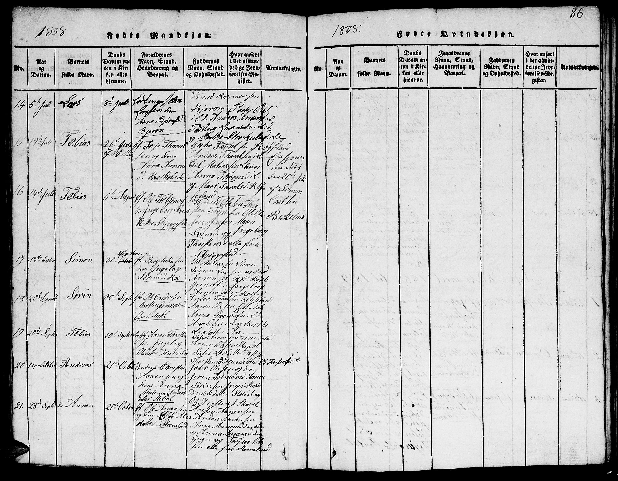 Hægebostad sokneprestkontor, AV/SAK-1111-0024/F/Fb/Fba/L0001: Parish register (copy) no. B 1, 1815-1844, p. 86