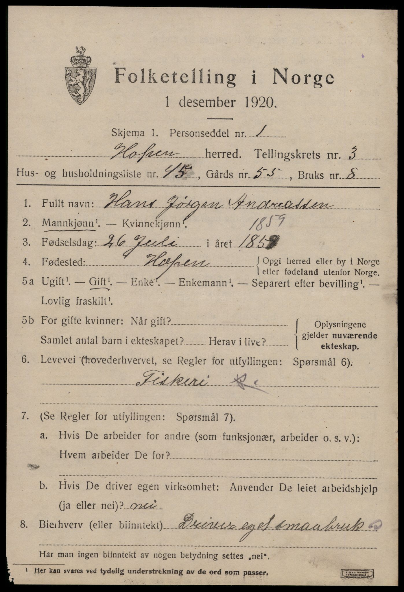 SAT, 1920 census for Hopen, 1920, p. 1992