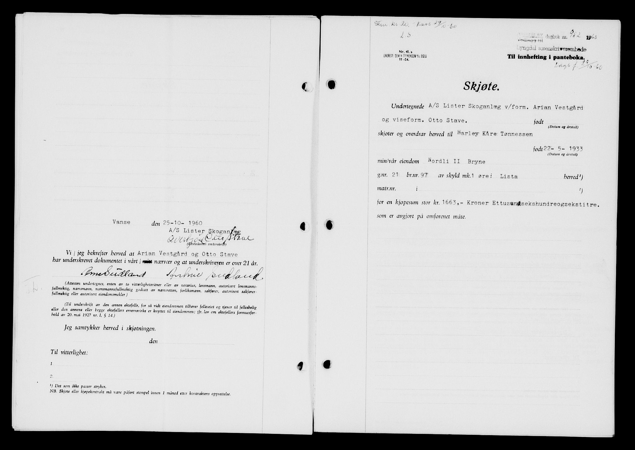 Lyngdal sorenskriveri, AV/SAK-1221-0004/G/Gb/L0680: Mortgage book no. A XXVI, 1960-1960, Diary no: : 982/1960