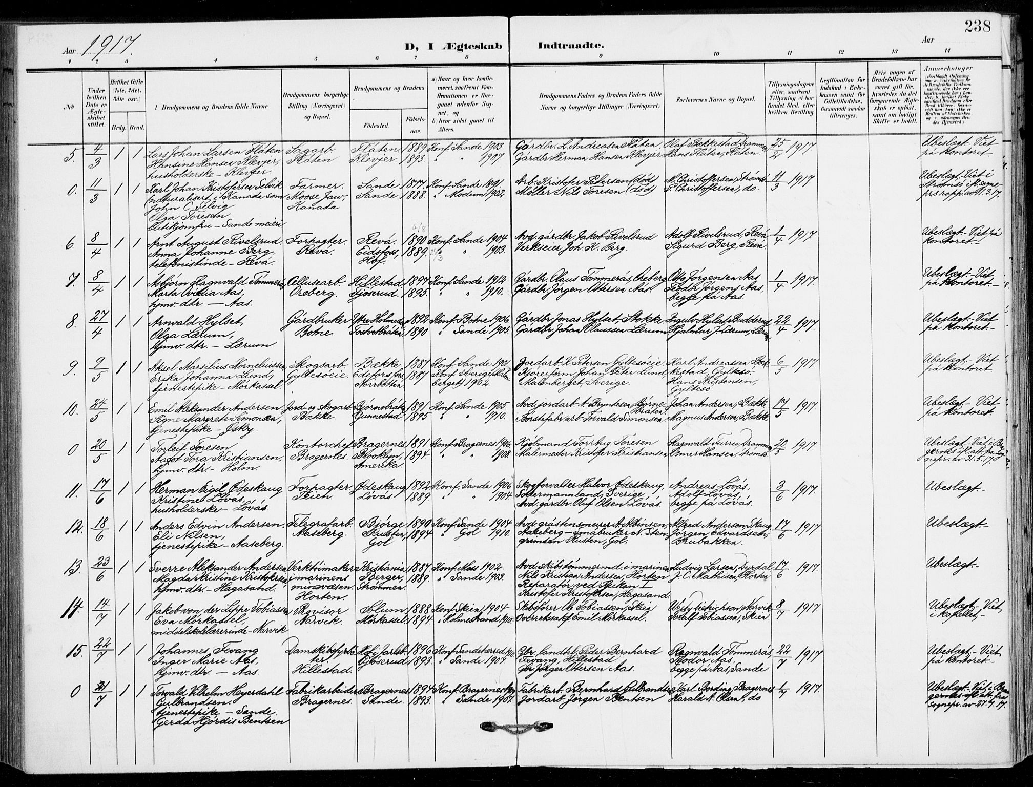 Sande Kirkebøker, AV/SAKO-A-53/F/Fa/L0008: Parish register (official) no. 8, 1904-1921, p. 238