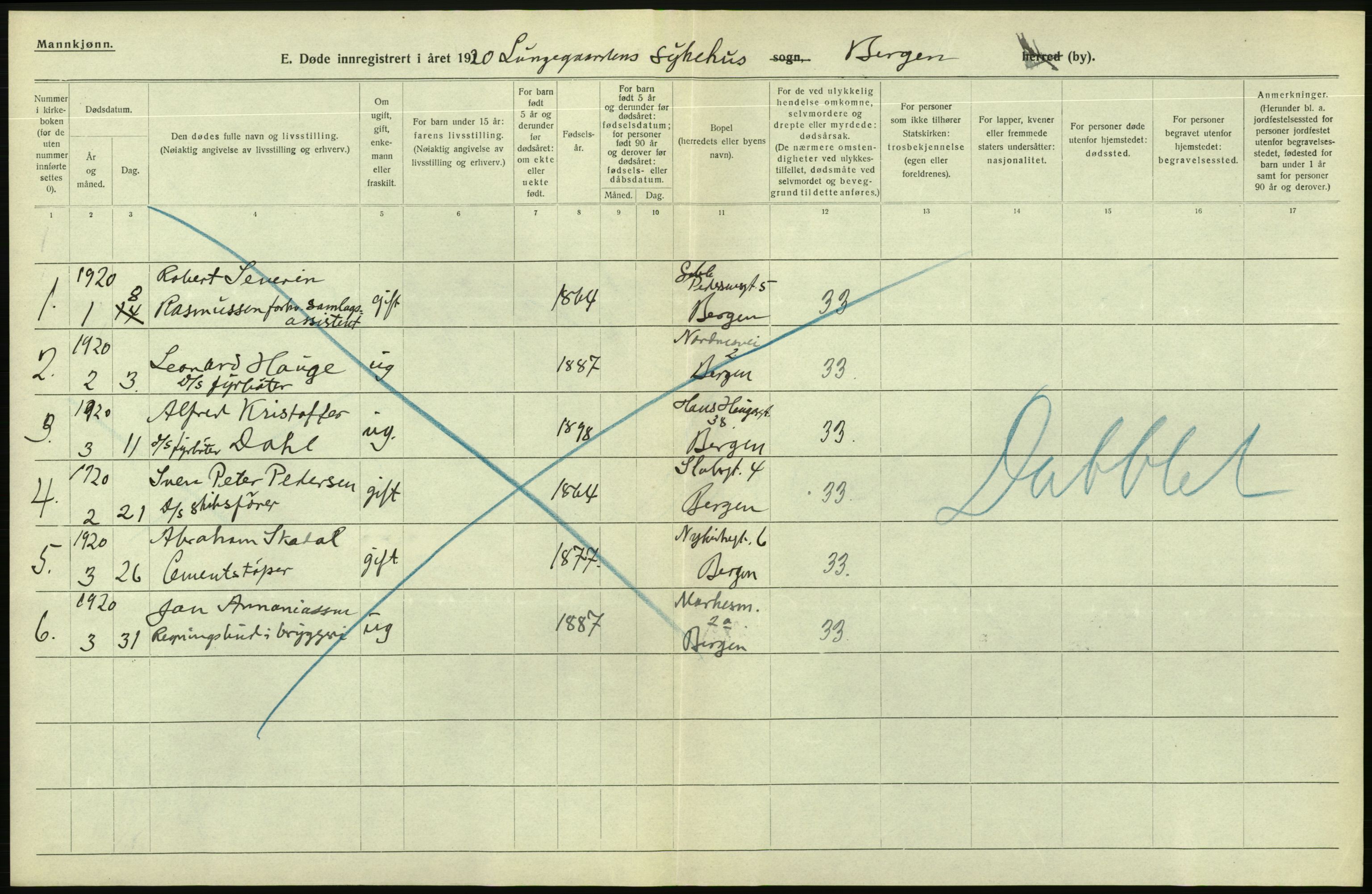 Statistisk sentralbyrå, Sosiodemografiske emner, Befolkning, AV/RA-S-2228/D/Df/Dfb/Dfbj/L0042: Bergen: Gifte, døde, dødfødte., 1920, p. 396