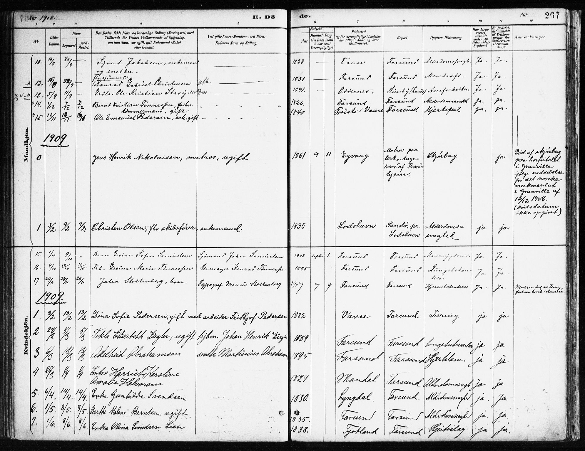 Farsund sokneprestkontor, SAK/1111-0009/F/Fa/L0006: Parish register (official) no. A 6, 1887-1920, p. 267