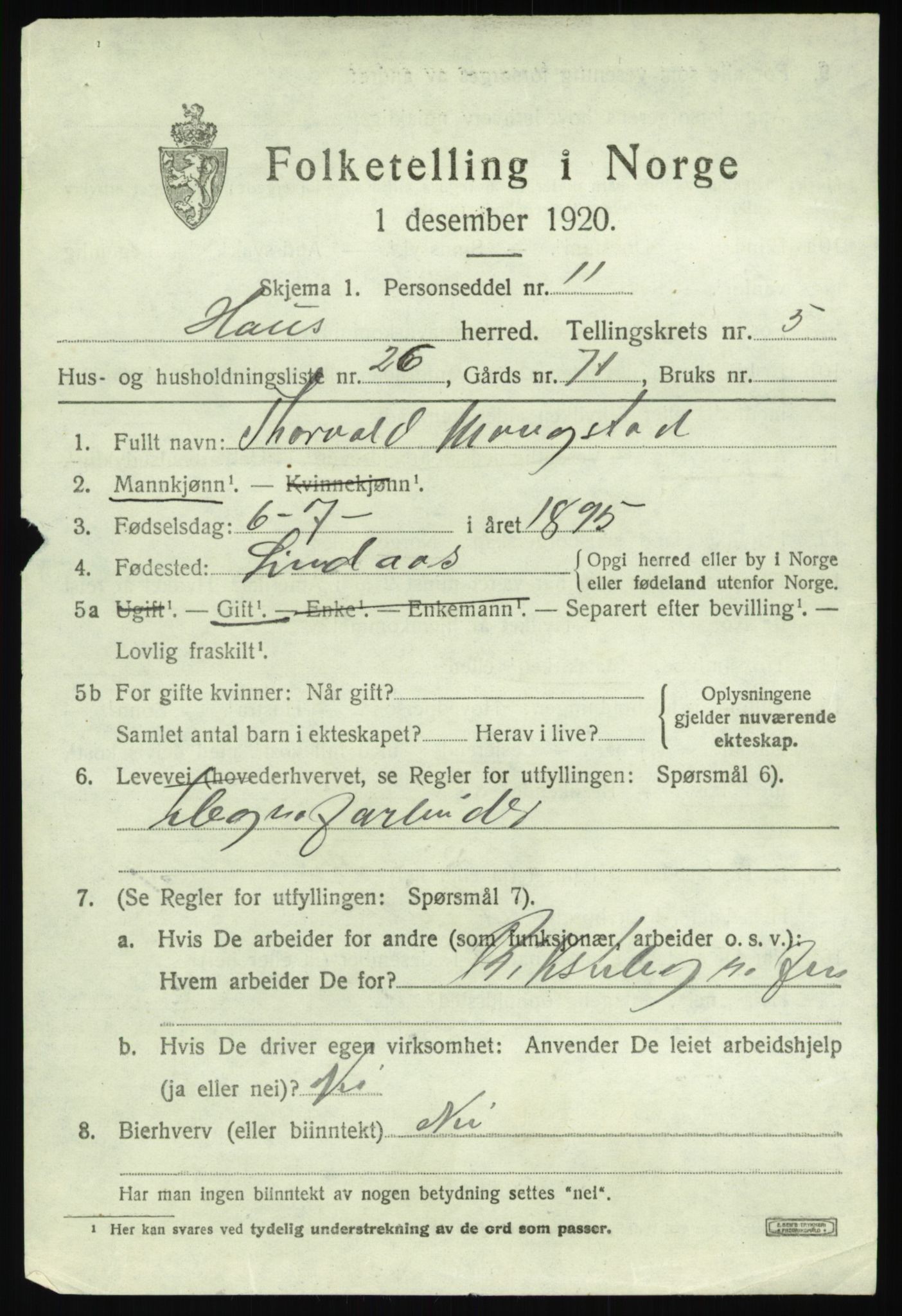 SAB, 1920 census for Haus, 1920, p. 3791