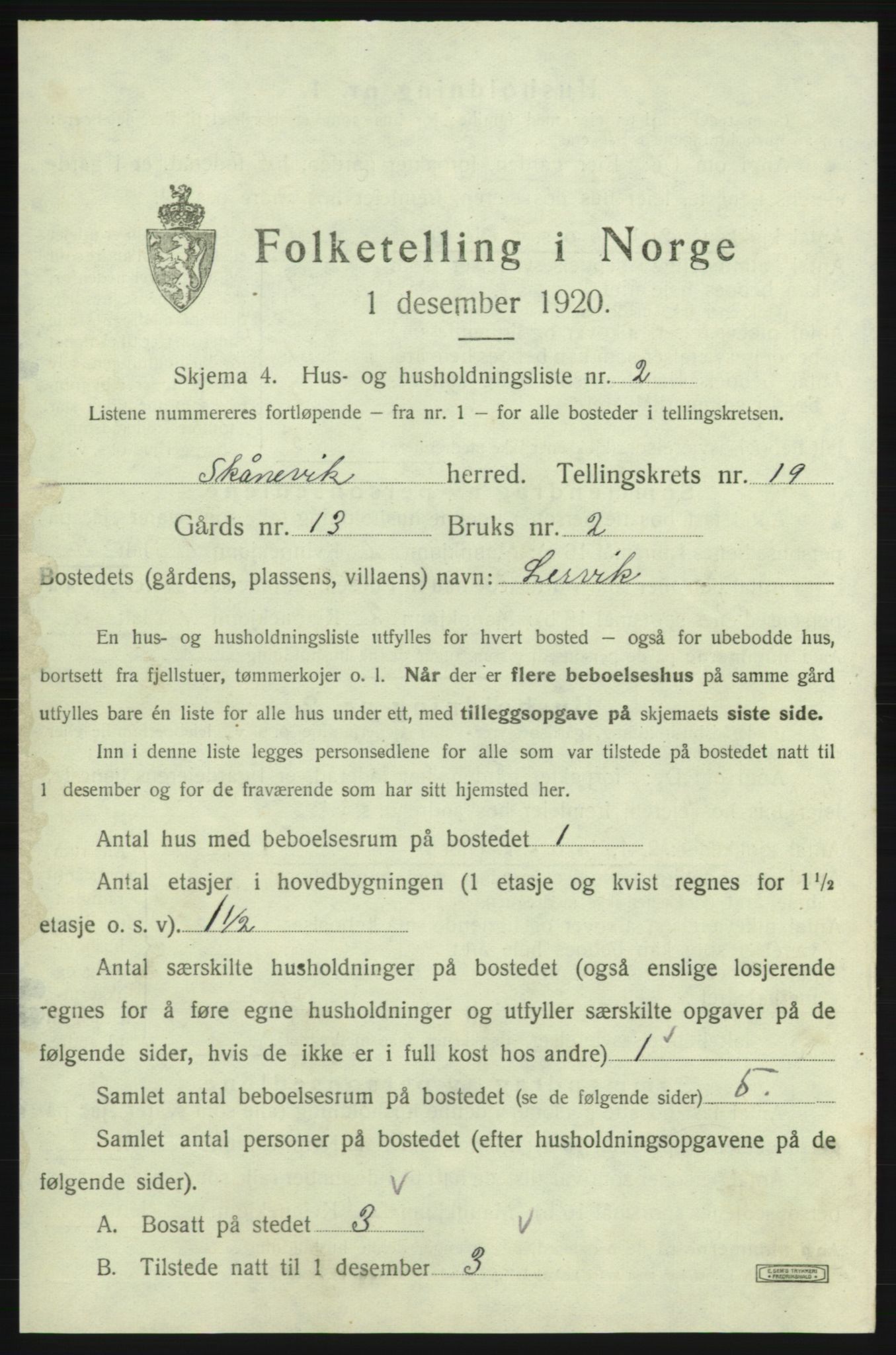 SAB, 1920 census for Skånevik, 1920, p. 1836