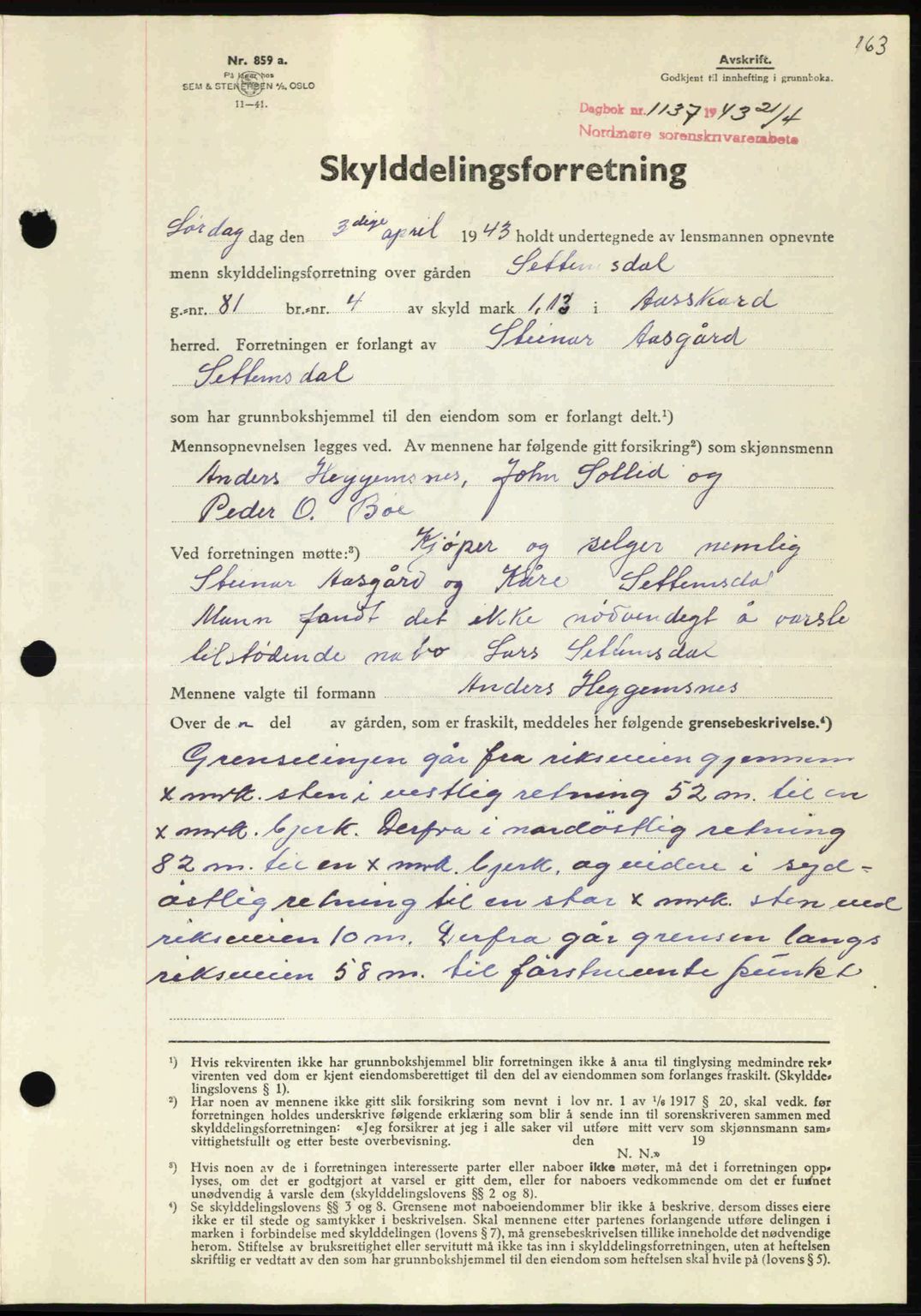 Nordmøre sorenskriveri, AV/SAT-A-4132/1/2/2Ca: Mortgage book no. A95, 1943-1943, Diary no: : 1137/1943