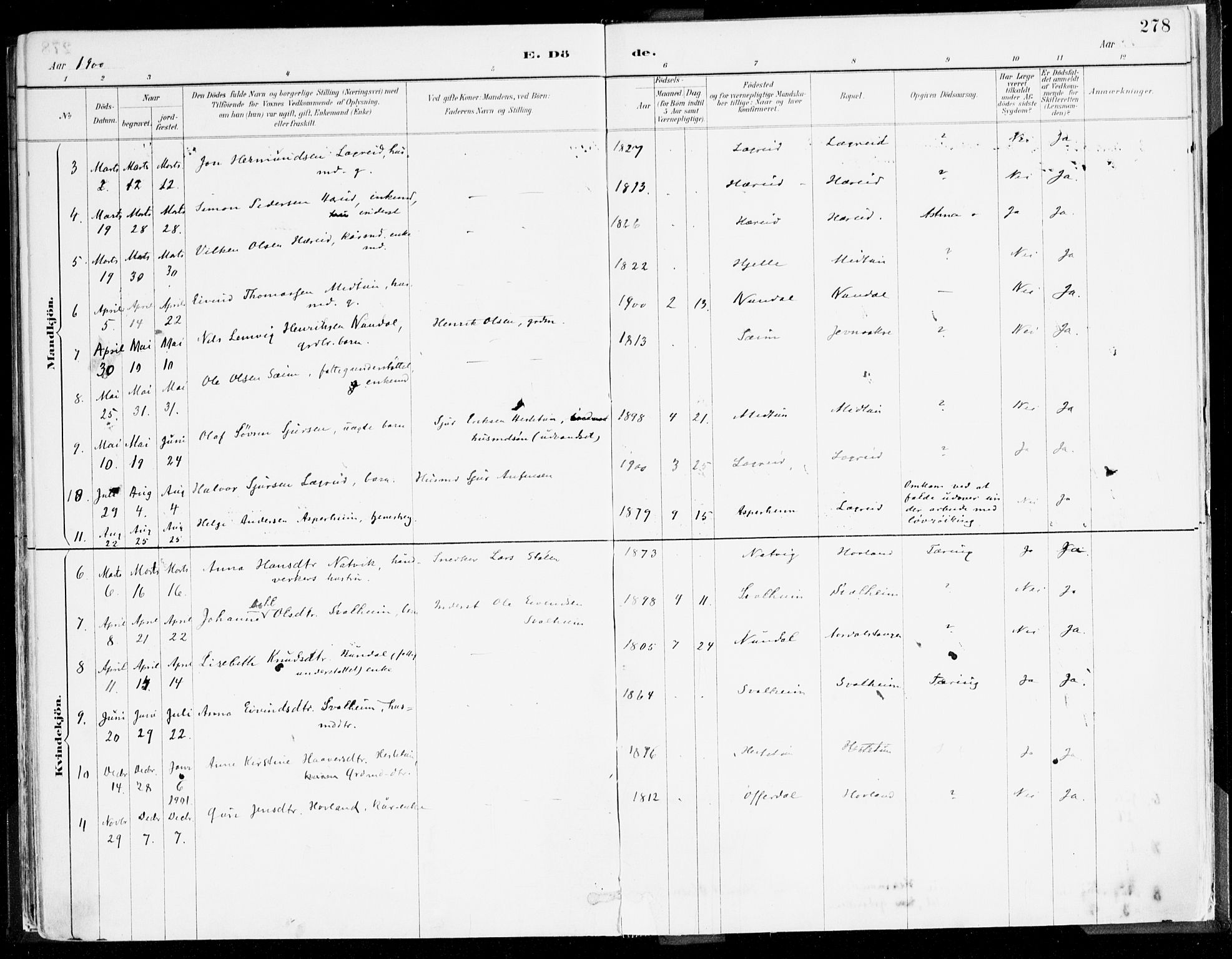 Årdal sokneprestembete, SAB/A-81701: Parish register (official) no. A 5, 1887-1917, p. 278