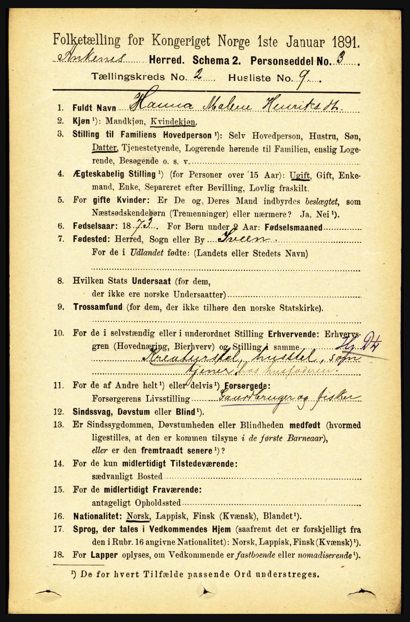 RA, 1891 census for 1855 Ankenes, 1891, p. 903