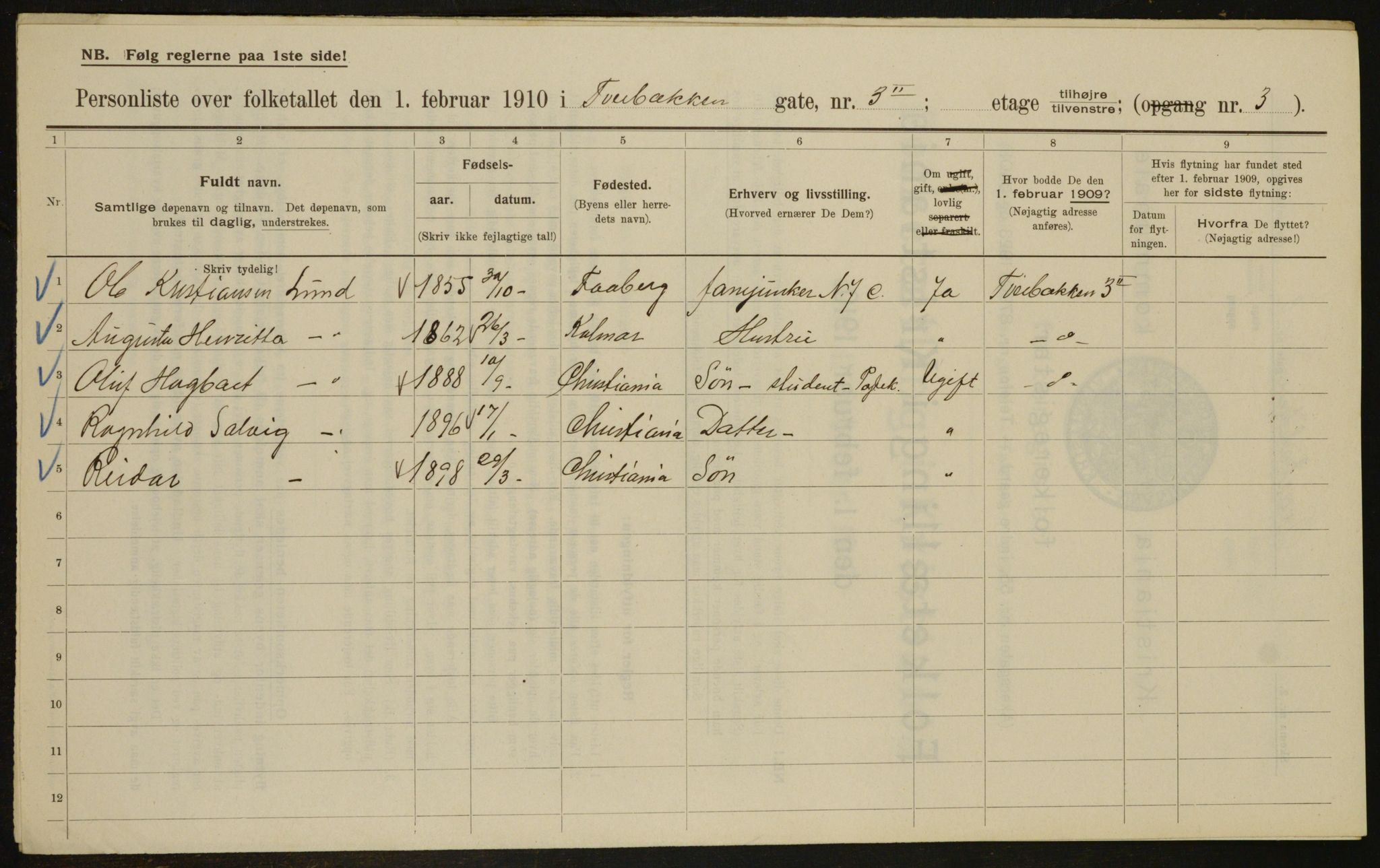 OBA, Municipal Census 1910 for Kristiania, 1910, p. 111417