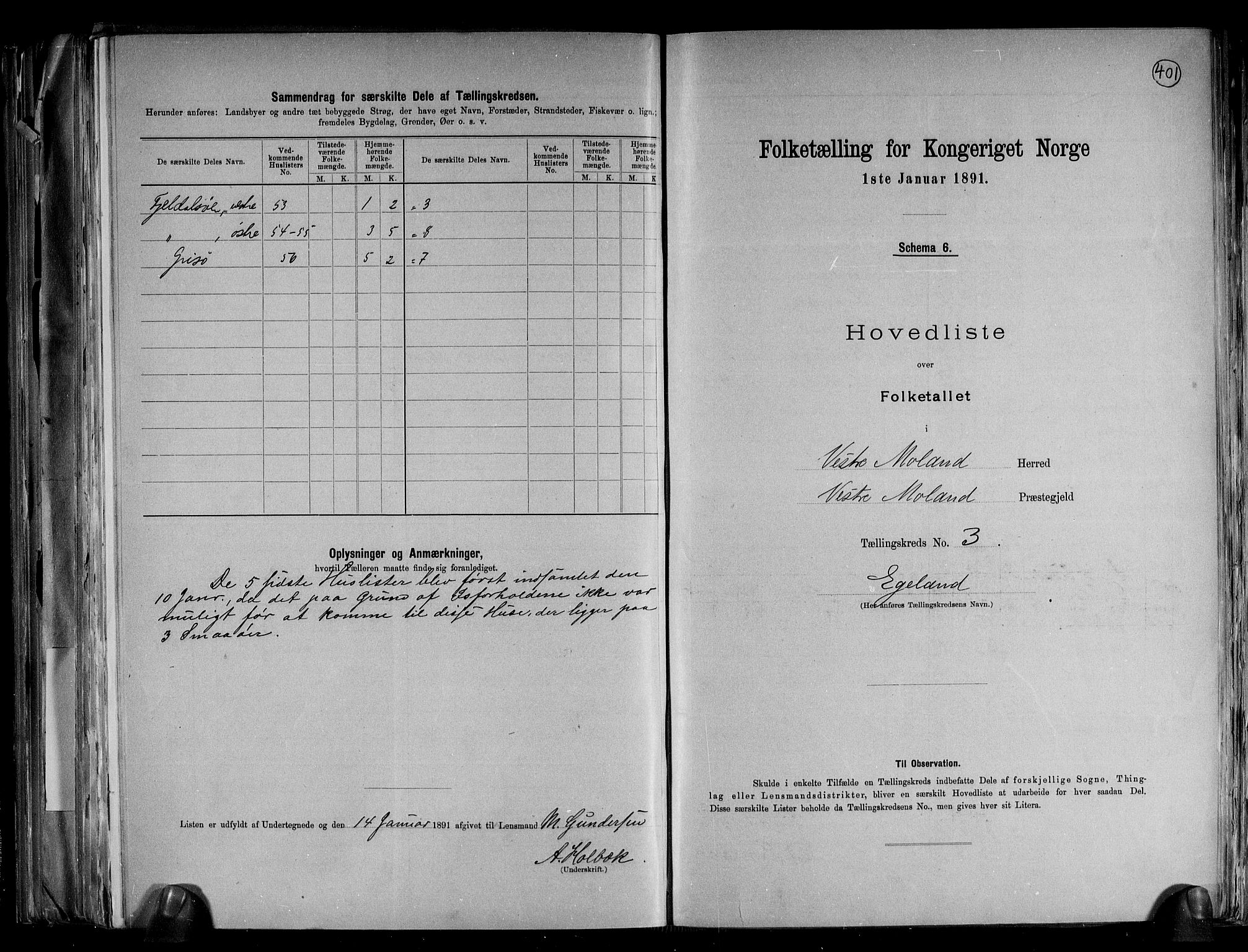RA, 1891 census for 0926 Vestre Moland, 1891, p. 10