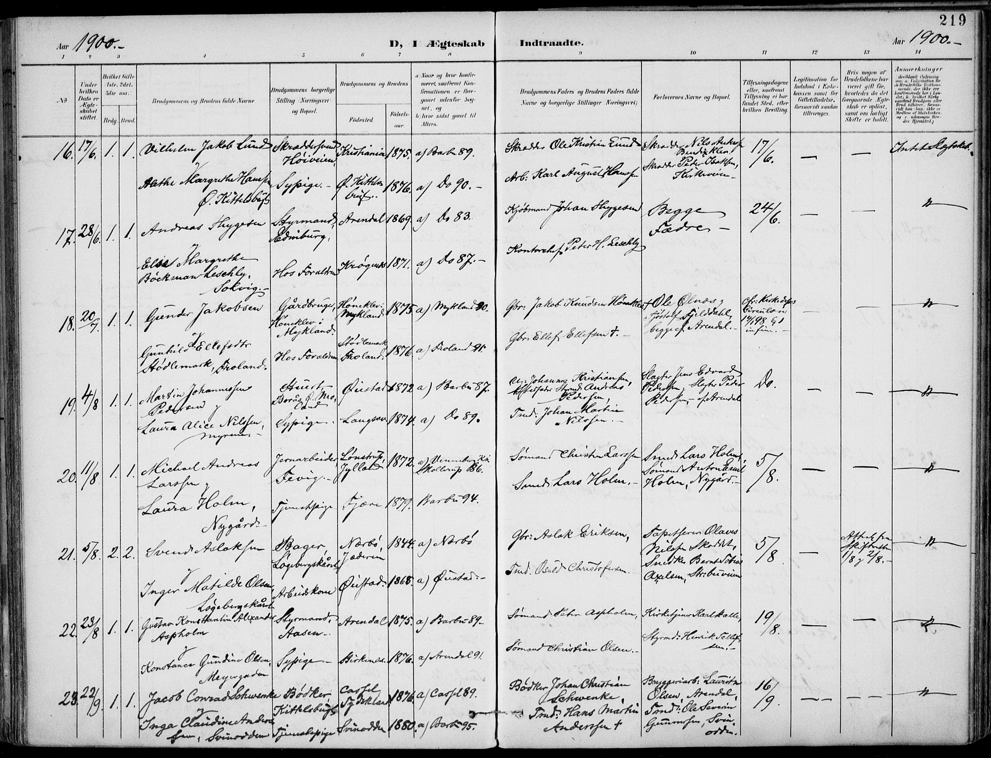 Barbu sokneprestkontor, AV/SAK-1111-0003/F/Fa/L0005: Parish register (official) no. A 5, 1899-1909, p. 219