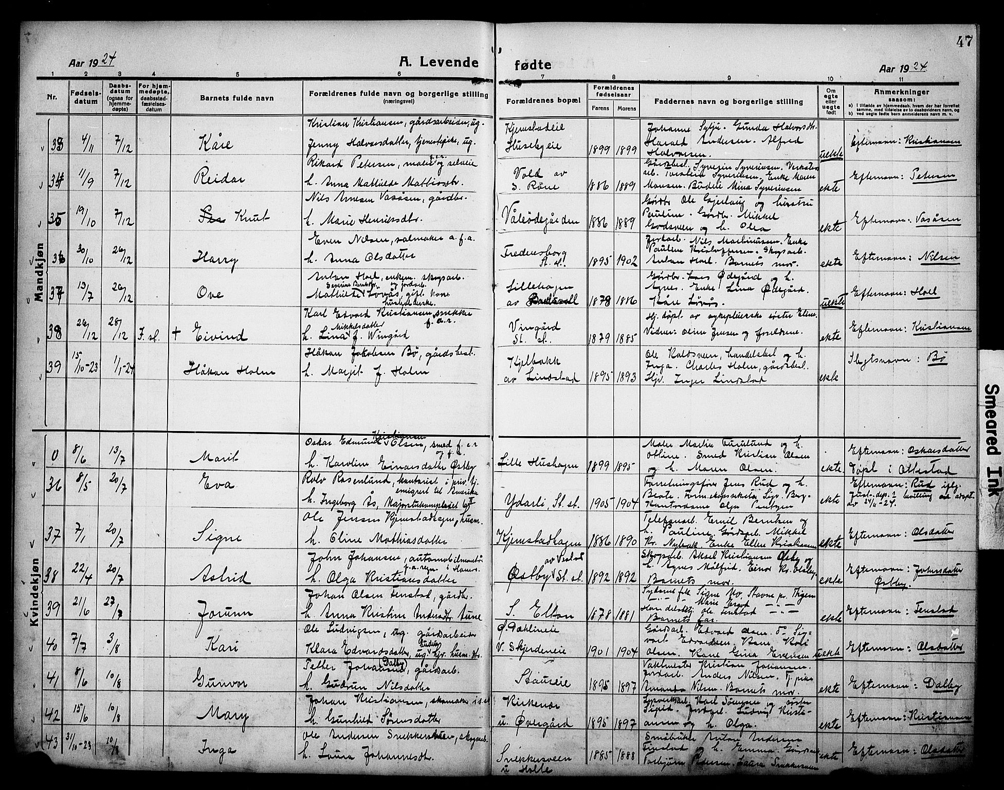 Stange prestekontor, AV/SAH-PREST-002/L/L0016: Parish register (copy) no. 16, 1918-1928, p. 47