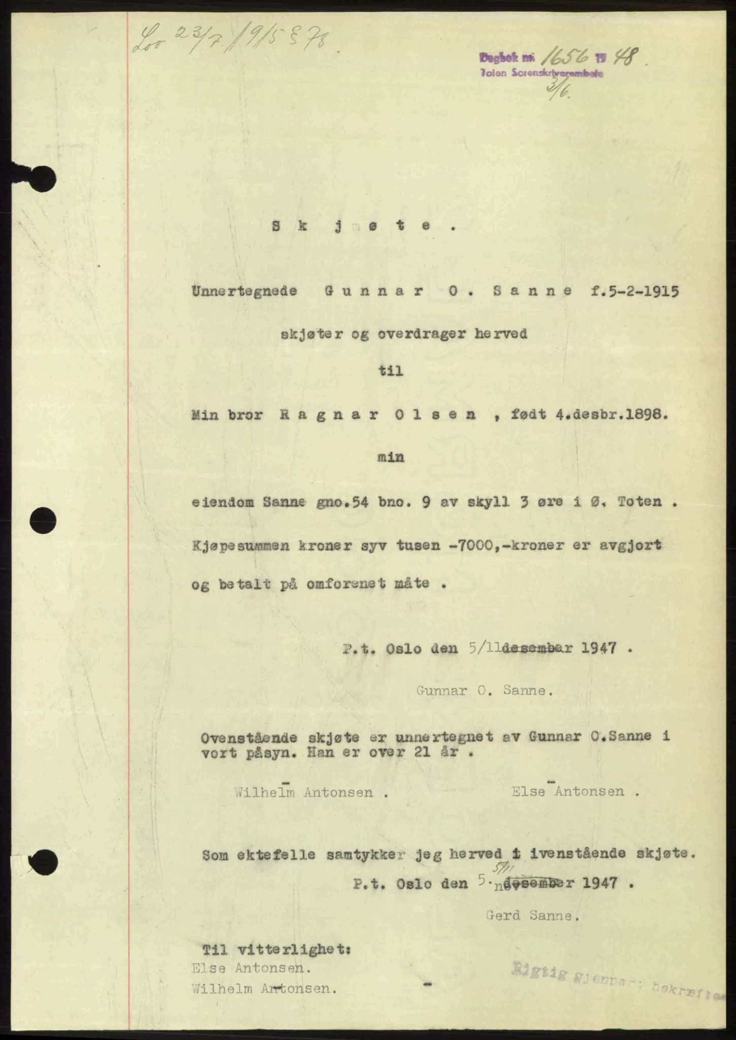 Toten tingrett, SAH/TING-006/H/Hb/Hbc/L0020: Mortgage book no. Hbc-20, 1948-1948, Diary no: : 1656/1948