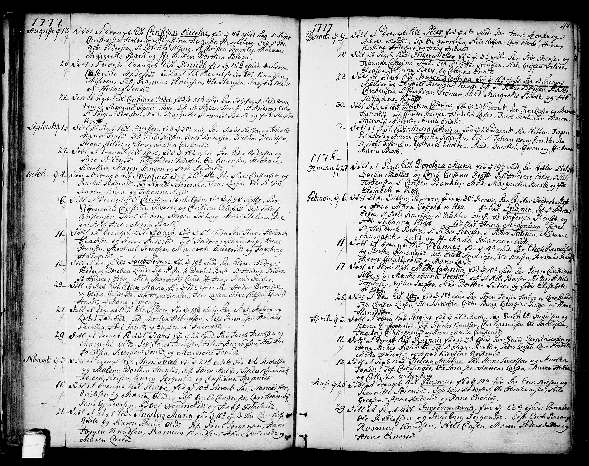 Kragerø kirkebøker, SAKO/A-278/F/Fa/L0002: Parish register (official) no. 2, 1767-1802, p. 44