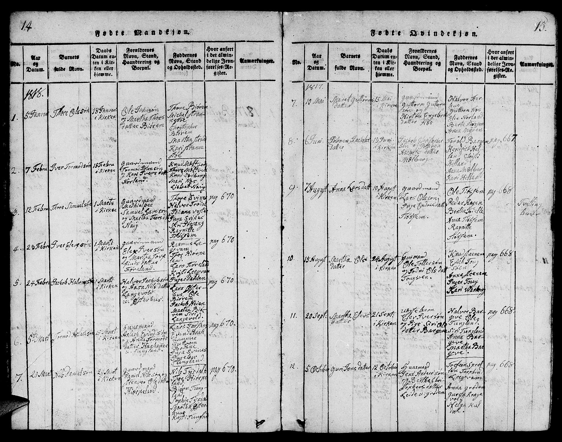 Strand sokneprestkontor, AV/SAST-A-101828/H/Ha/Hab/L0001: Parish register (copy) no. B 1, 1816-1854, p. 14-15