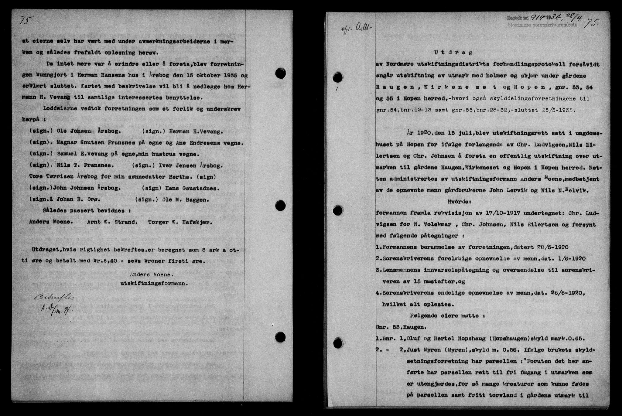 Nordmøre sorenskriveri, AV/SAT-A-4132/1/2/2Ca/L0088: Mortgage book no. 78, 1936-1936, Diary no: : 914/1936