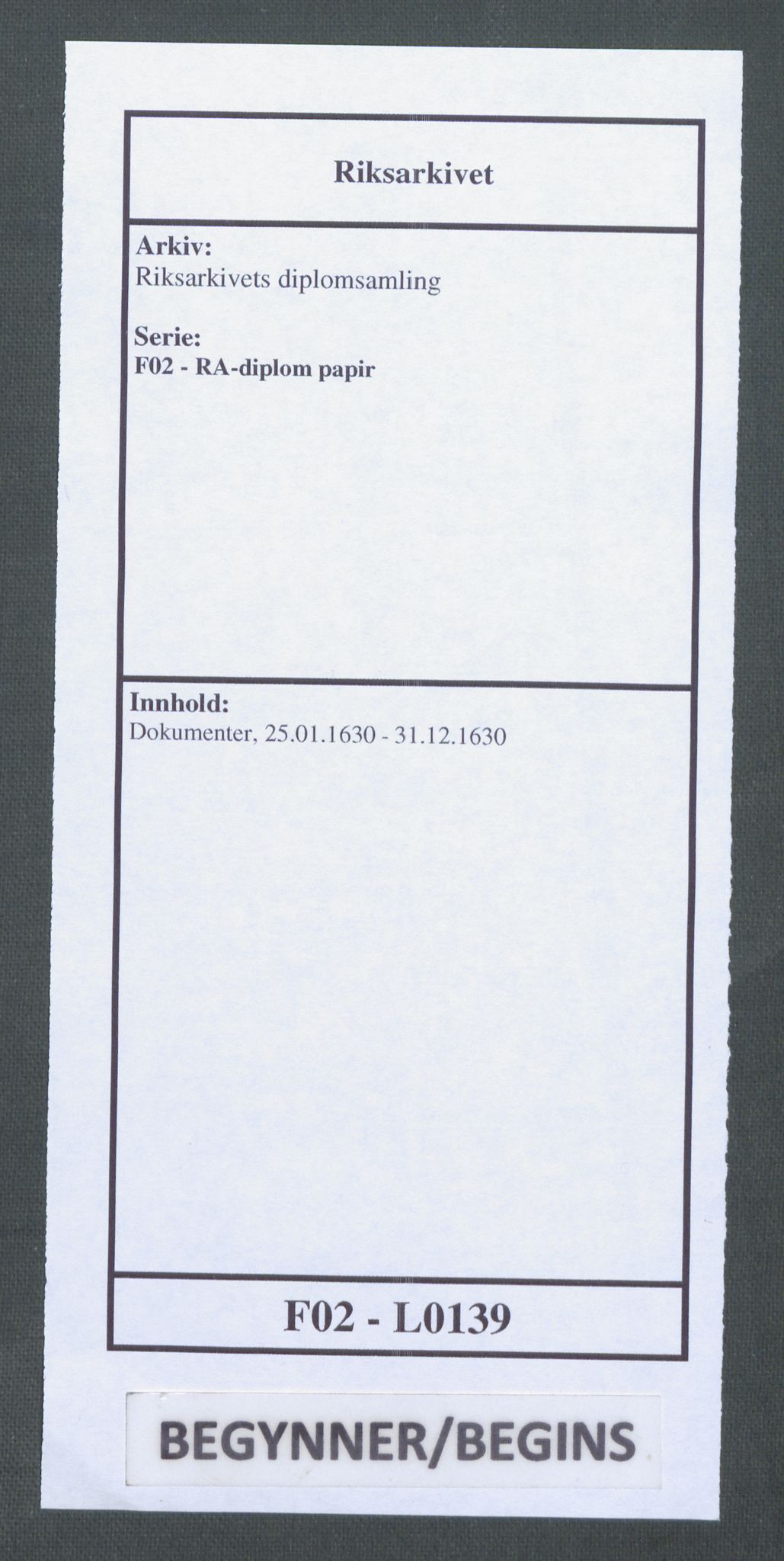 Riksarkivets diplomsamling, AV/RA-EA-5965/F02/L0139: Dokumenter, 1630, p. 1